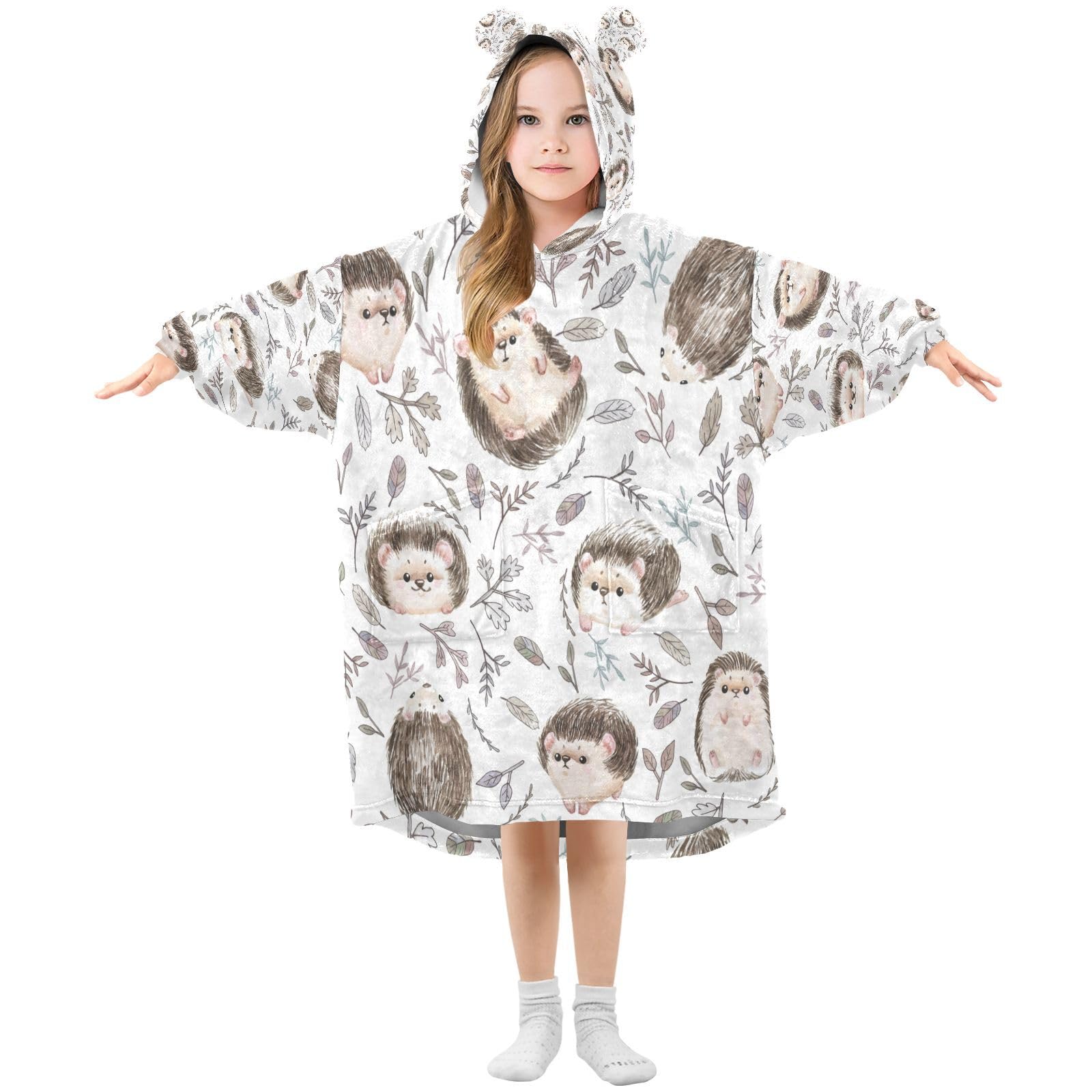Ewusp Cute Hedgehog Wearable Blanket Hoodie for Kids Oversized Hooded Sweatshirt Flannel Blanket with Pocket