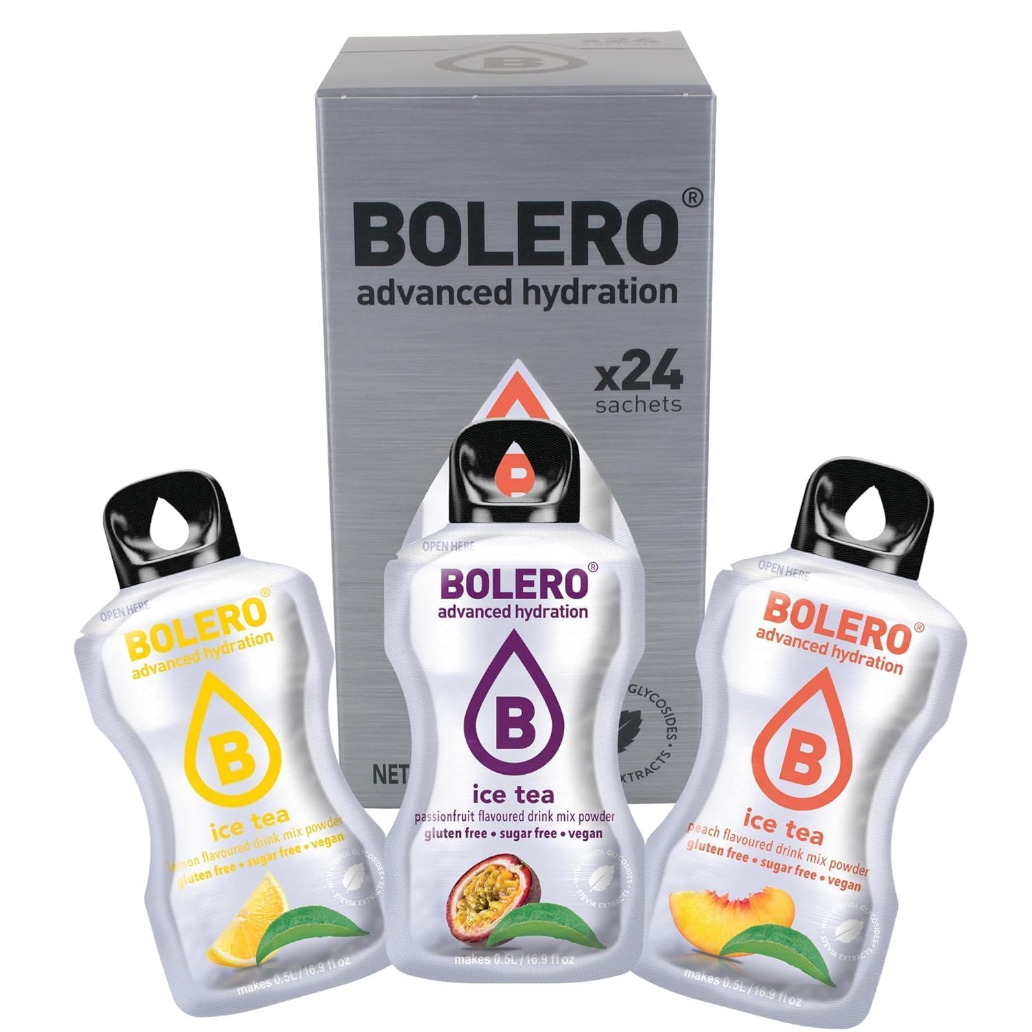 Bolero Drinks Kennenlernpaket ICE TEA MIX 24Bolero ICE TEA MIX 24x3g | Saftpulver ohne Zucker, gesüßt mit Stevia + Vitamin C| glutenfrei und veganfreundlich | Eistee-Geschmacksrichtungenx3g
