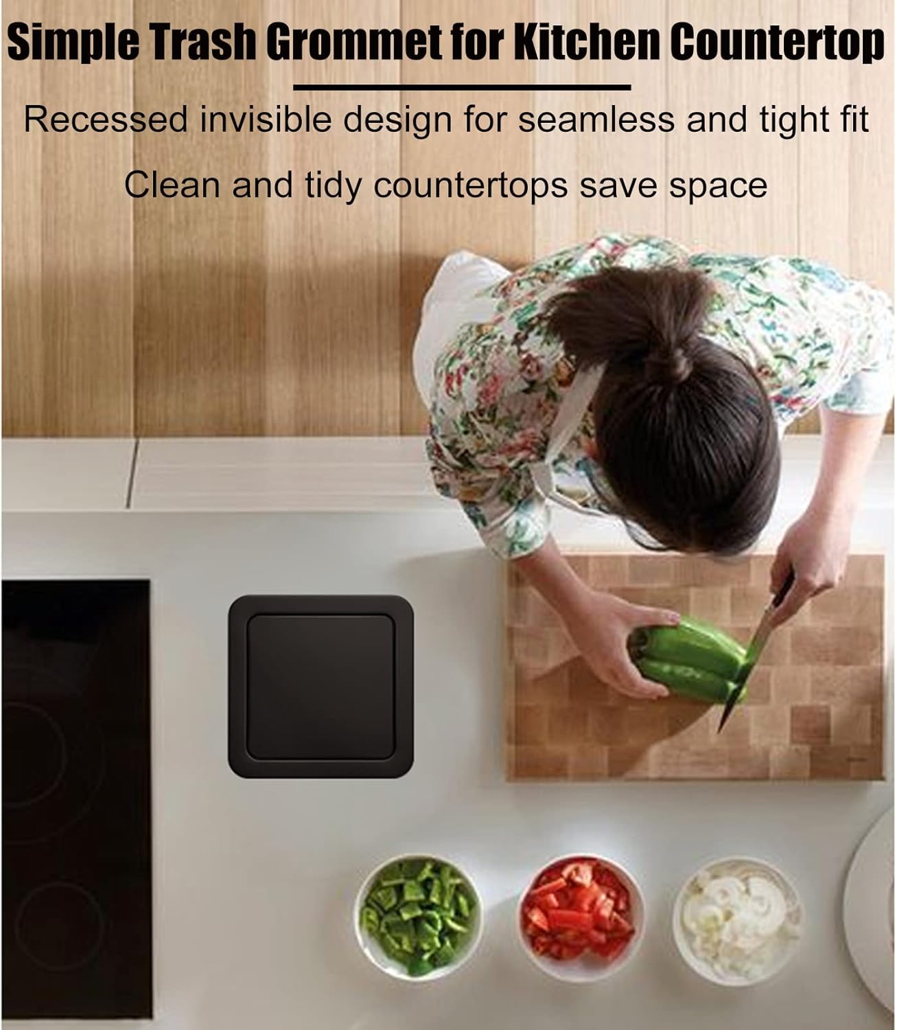 Stainless Steel Built in Flip Top Trash Bin Cover with Integrated Grommet Flexible Central Pivot Embedded Trash Can Lid,Noir