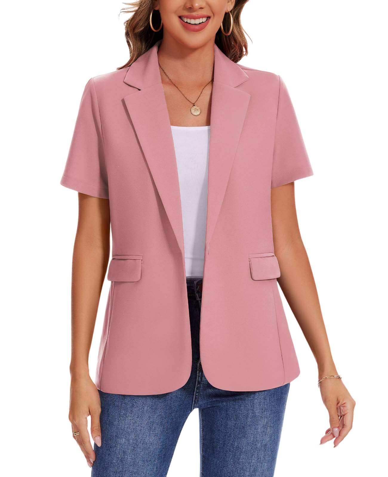 MINTLIMIT Women Short Sleeve Blazer Lightweight Button Front Business Jacket Notched Lapel Work Office Blazers with Pockets