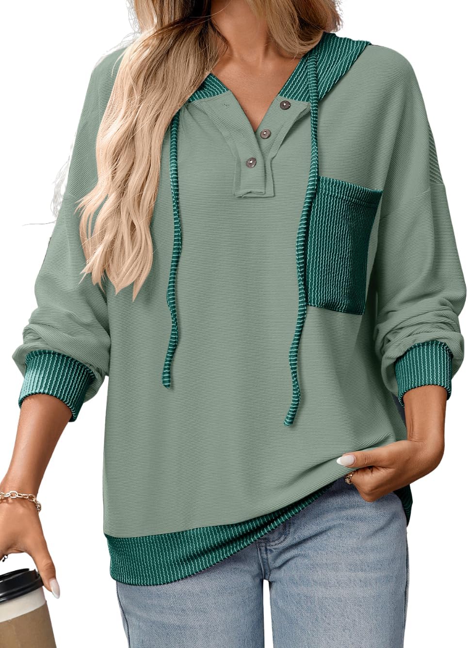 Kaei&Shi Color Block Hoodie,V Neck Pullover Sweatshirts For Women,Fall Hooded Long Sleeve Shirt