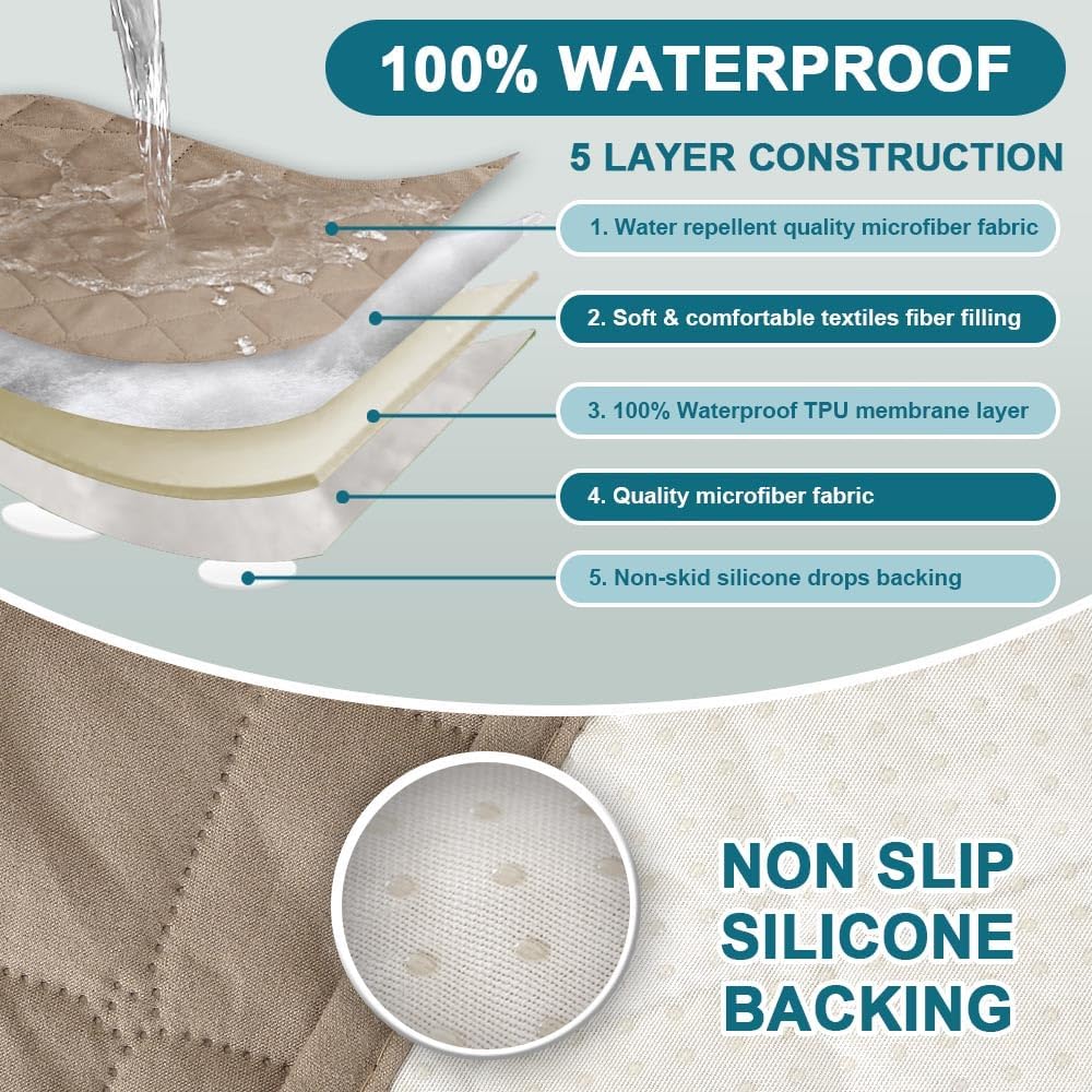 Turquoize 2 Pack Waterproof Armrest Covers for Chairs and Sofas Couch Arm Covers for Sofa Armrest Covers with Side Pocket Anti-Slip Furniture Protector Washable Armrest Slipcovers Set of 2, Khaki