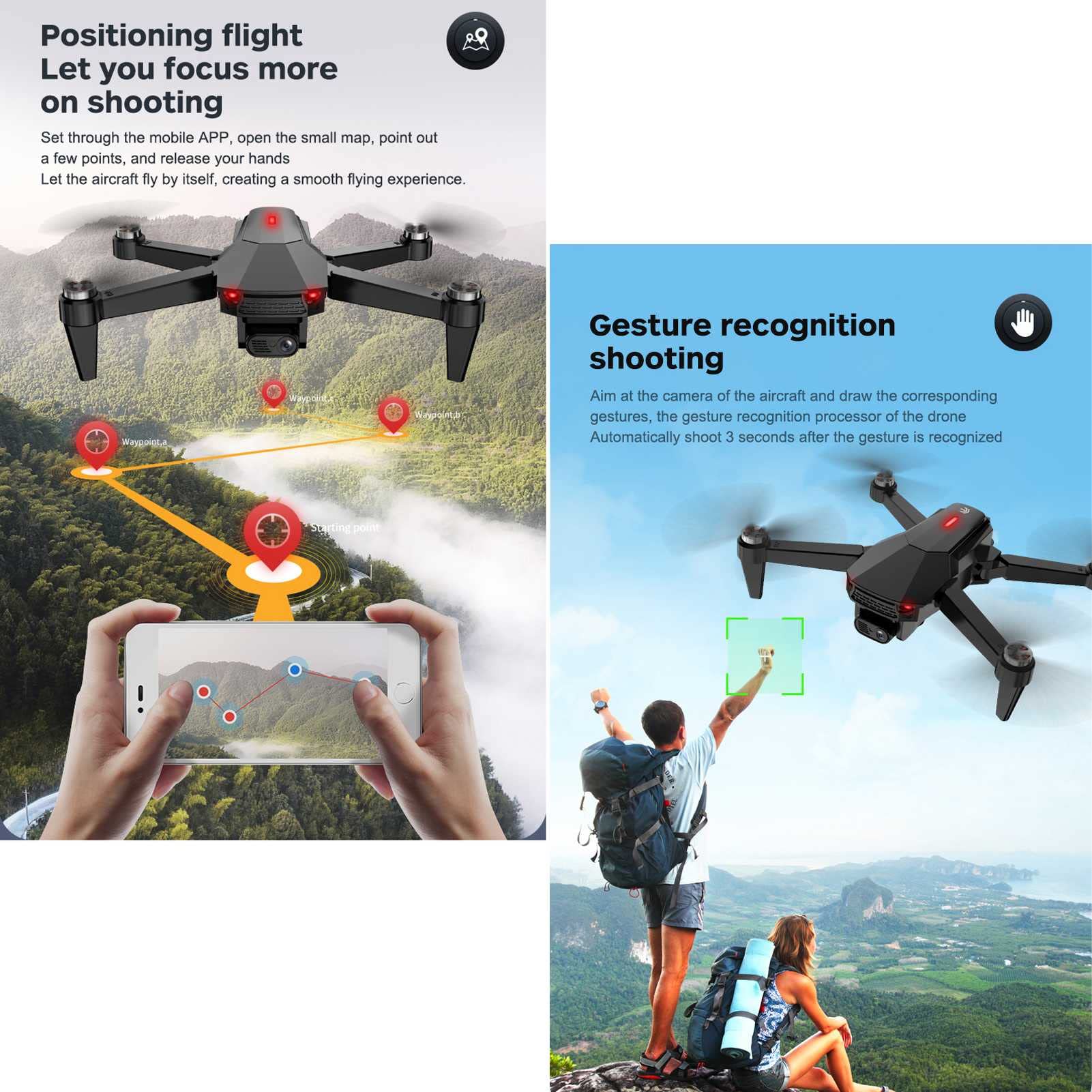 Bezszczotkowy dron z kamerą dla dorosłych 4K Gestures Selfie Fixed-Point Surround Auto Follow GPS Positioning Optical Flow Positioning Dual Camera Switch (Black 1 BATTERY)