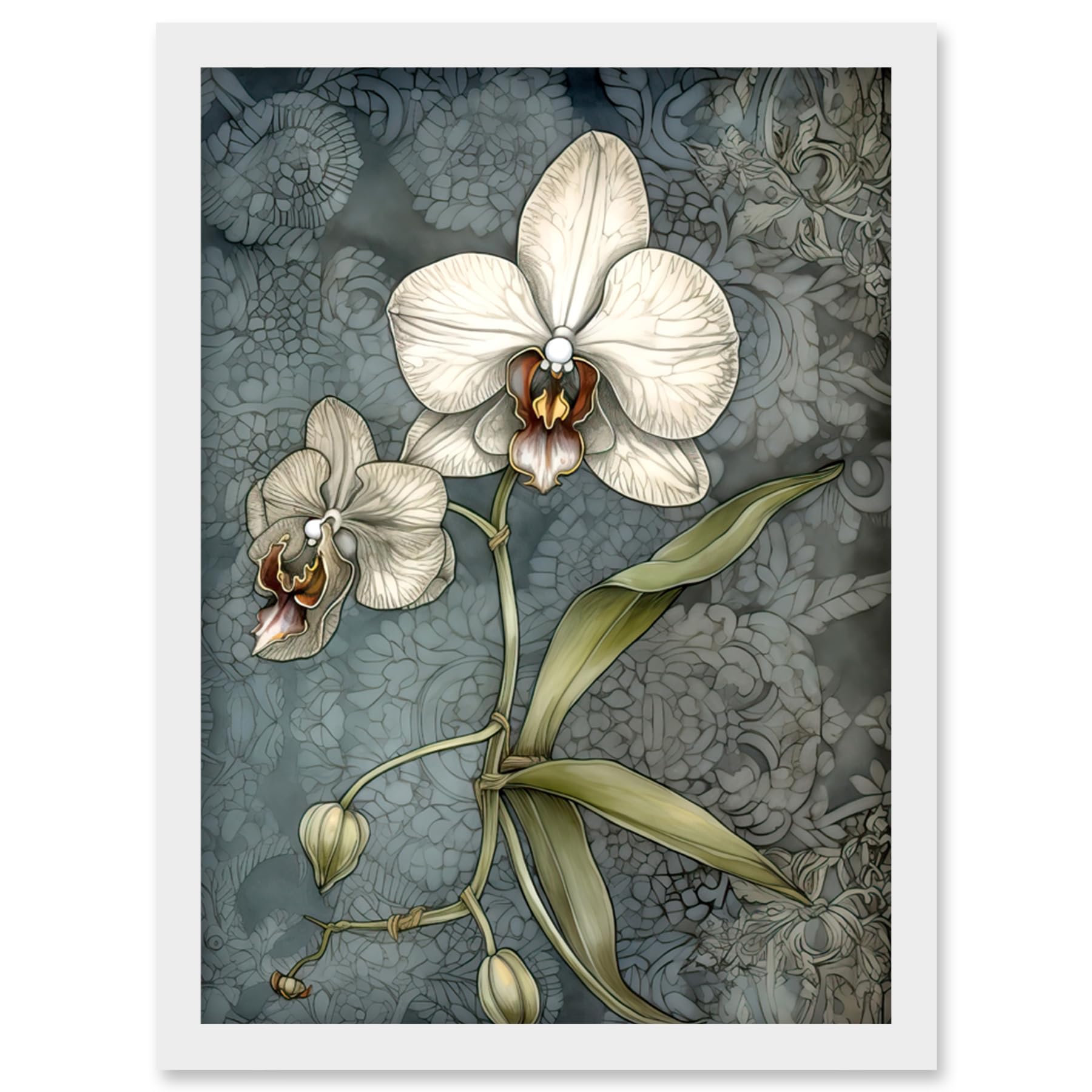 Artery8 Orchid Flower Blooms Pastel Colour Art Nouveau Artwork Framed Wall Art Print A4
