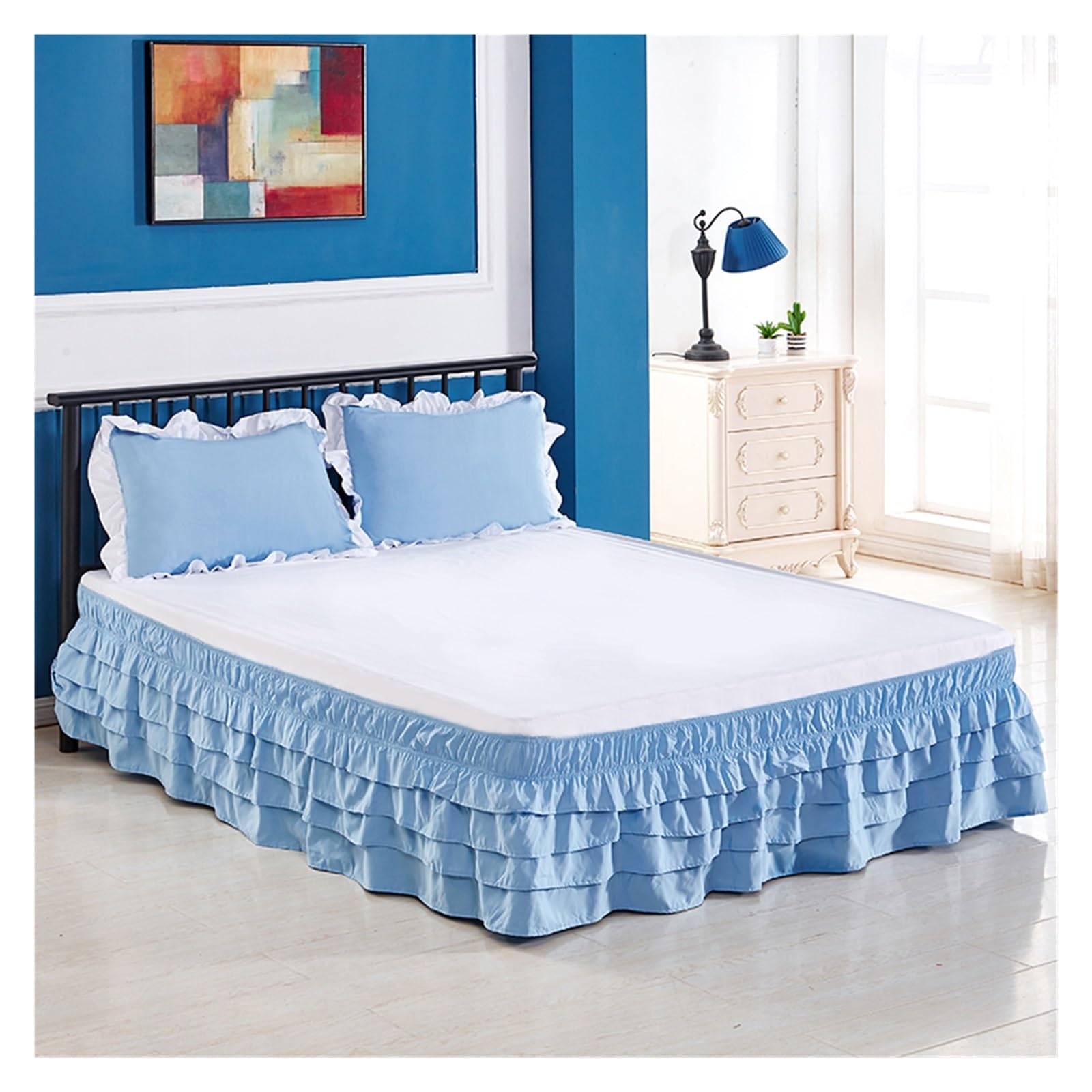 Gonna Da Letto 4 strati gonna letto arruffato avvolgente elastico copriletto senza superficie hotel casa doppia/completa regina re(Blue,KING 200x200x45cm)