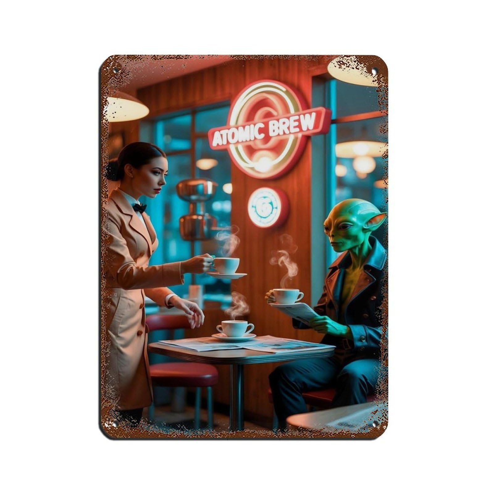Retro Diner, Alien Cafe Scene Tin Sign Vintage Metal Pub Club Cafe Bar Home Wall Art Decoration Poster Retro 12x16inch(30x40cm)