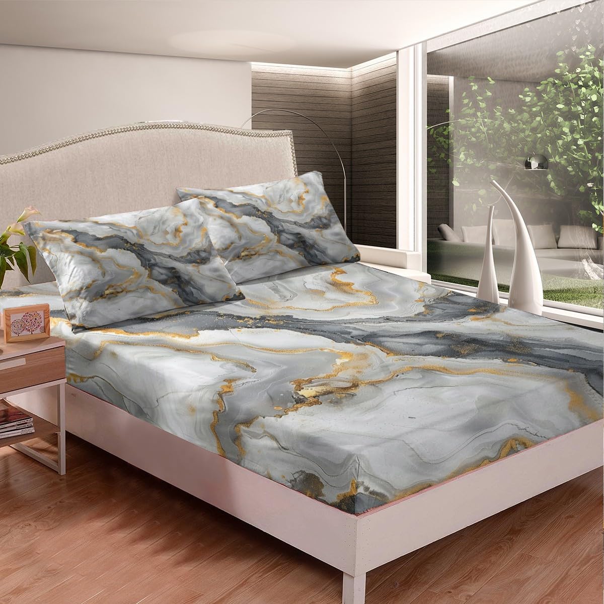 Abstract Stone Texture Artwork Full Size Fitted Sheet No Top Sheet,Golden Marble Modern Fashion 3 Pieces Kids Teenager Room Decor Marbling Pocket 2 Pillowcases