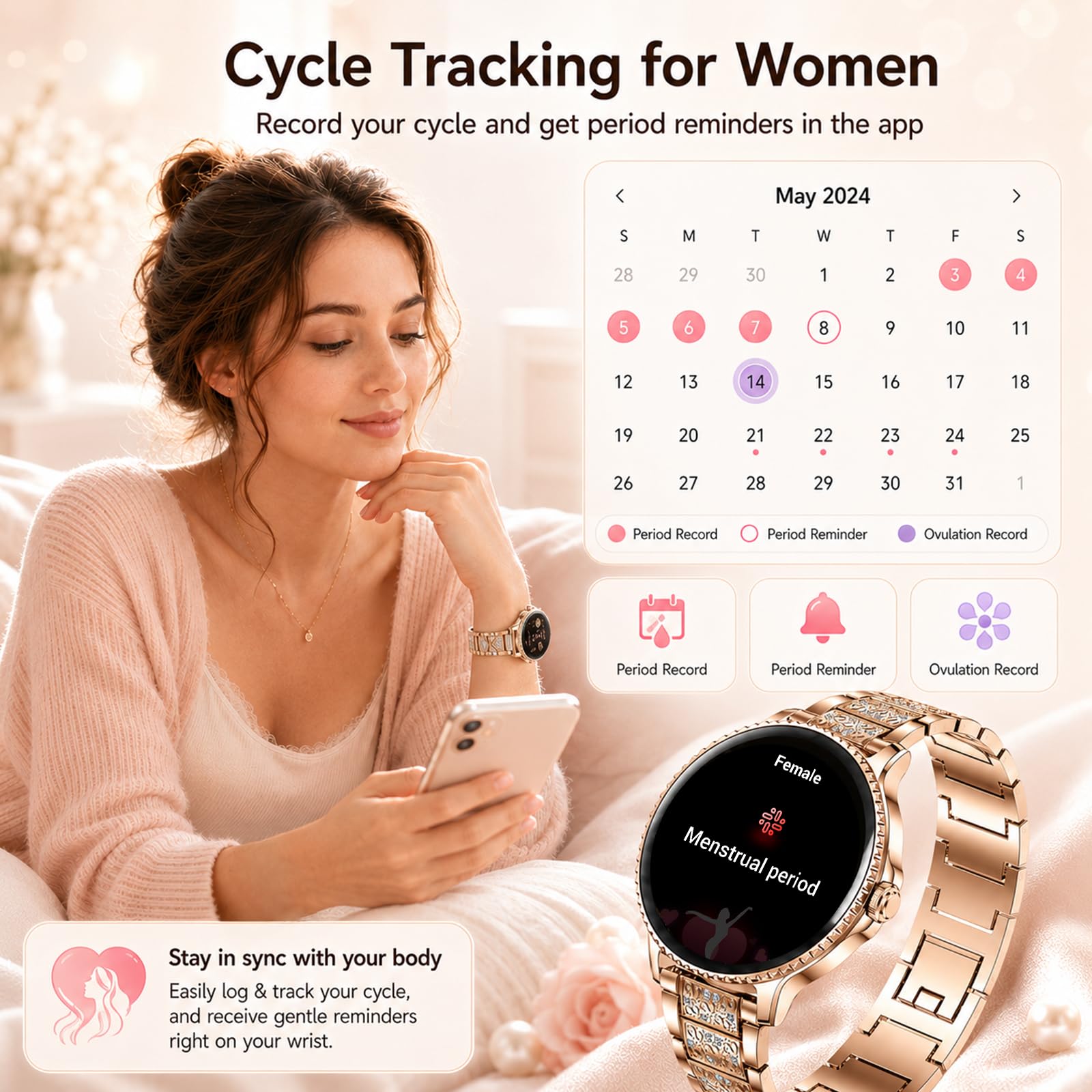 Smartwatch Donna Rotondo, Display HD da 1,27", IP68, 2 Cinturini | Chiamate Bluetooth, frequenza cardiaca, SpO2, sonno, passi, 120+ sport, Android iOS, strass elegante e silicone sportivo