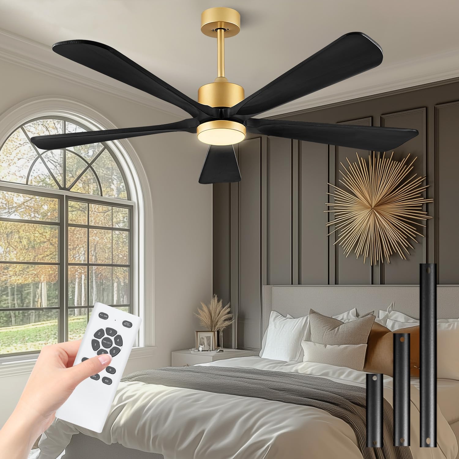 Ceiling Fan with Lights, 52 Inch, DC Motor, 6 Speeds, Remote Control, 5 Reversible Solid Wood Blades, Black, Modern Design, Indoor-Outdoor, QF-8727