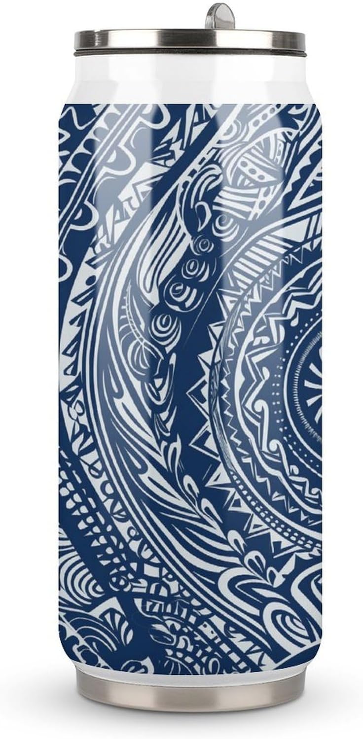 Stainless Steel Cups Blue Polynesian Maori Tribal Pattern Printed Coke Cup Stainless Steel Insulated Cups with Lid And Straw