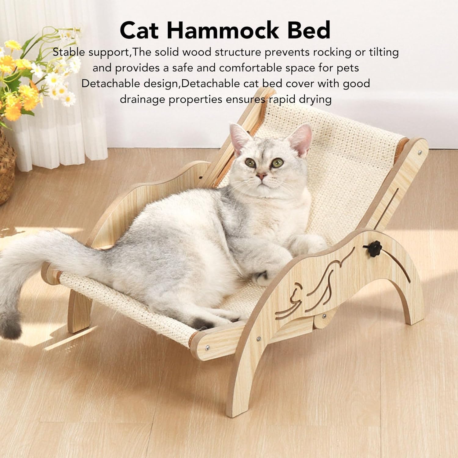 سرير خشبي للقطط من بابوريتش، ارجوحة للقطط قابلة للتعديل مع وسادة من السيزال، كرسي شاطئ صغير للقطط والجراء والحيوانات الاليفة الصغيرة الاخرى (تصميم سيزال)