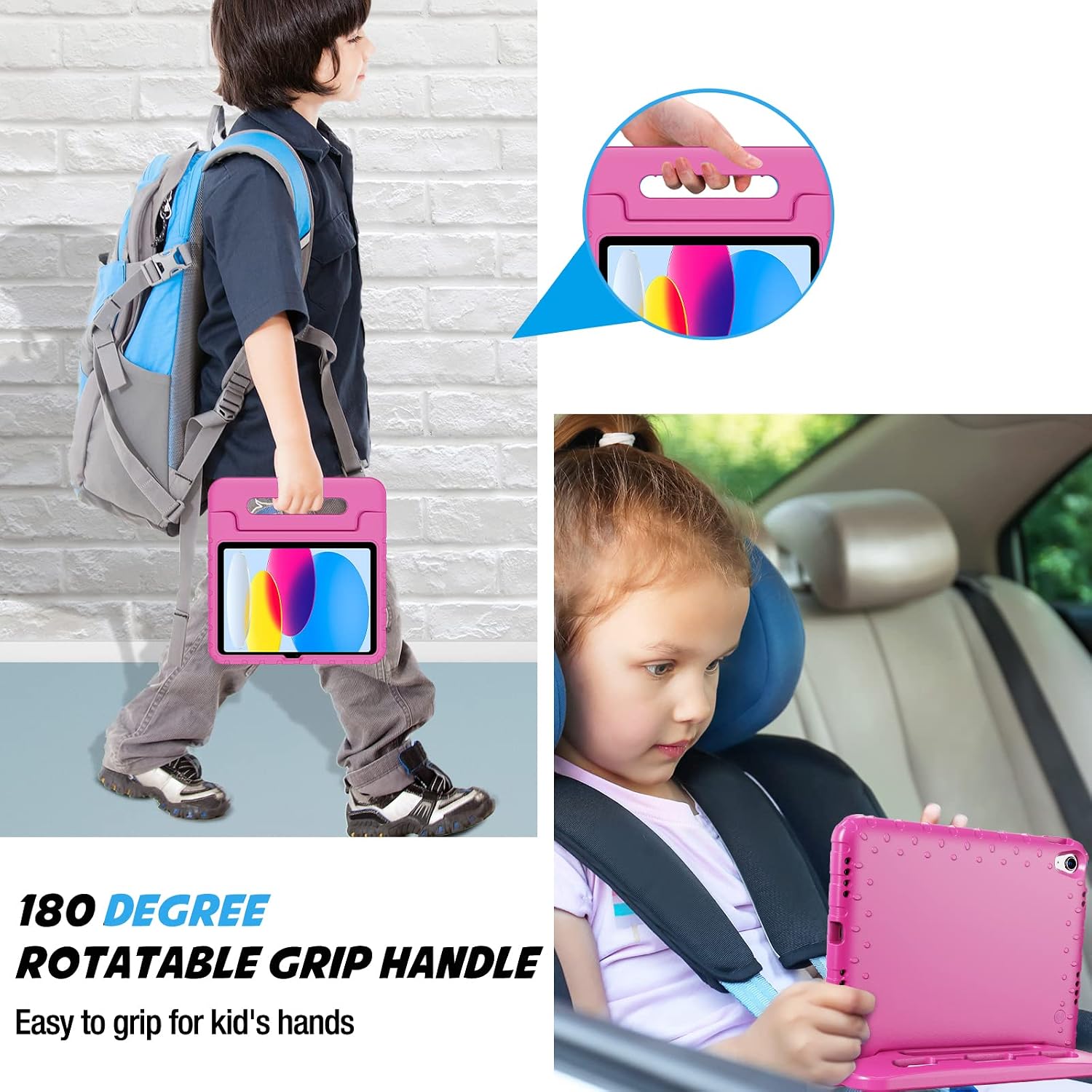ProCase Kids Case for iPad A16 11th Generation 2025/iPad 10th Generation 2022 with Pencil Holder, iPad 11/10 Case Shockproof Lightweight Cover with Stand Convertible Handle for Children -Magenta