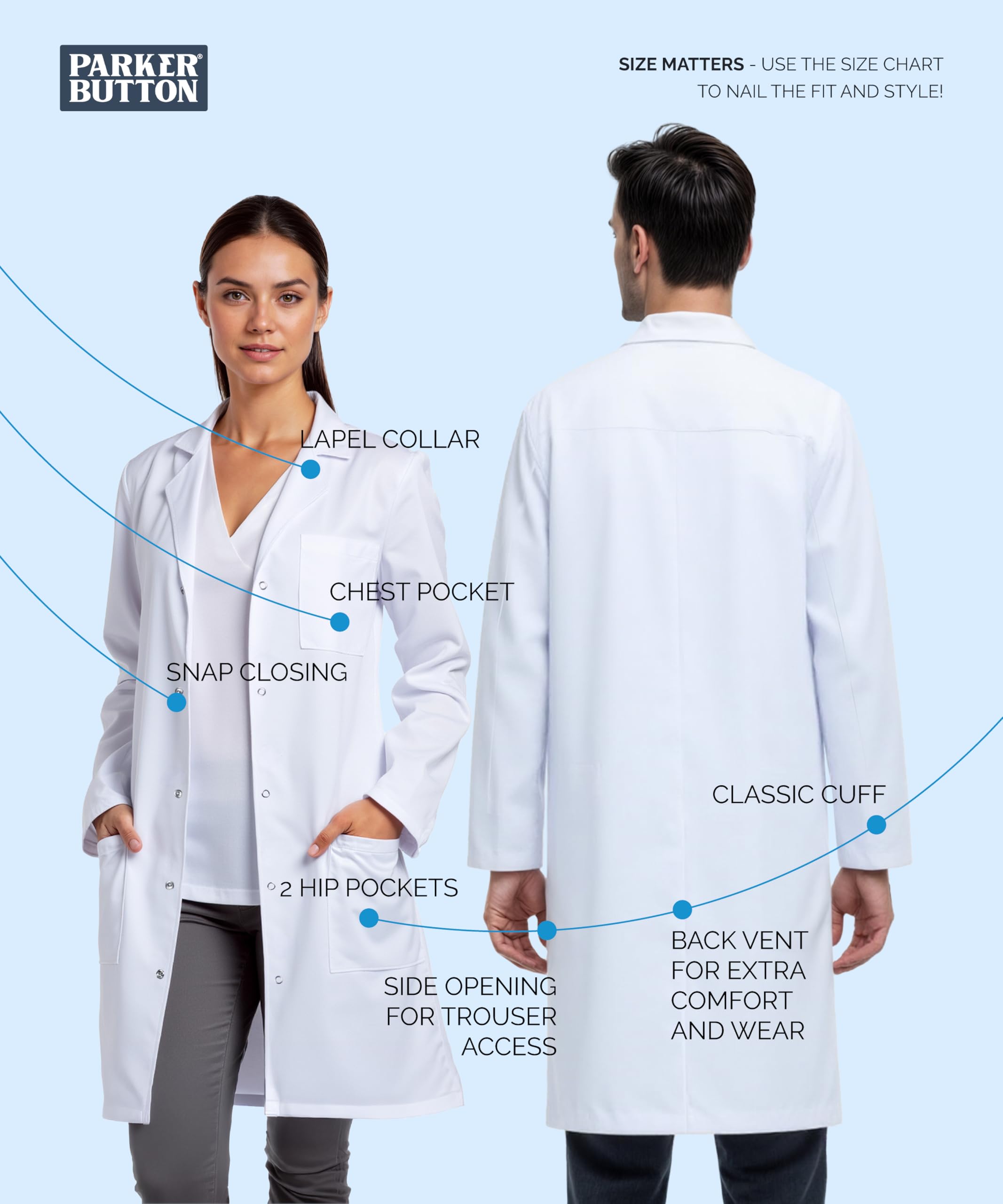 Camice Bianco Laboratorio Unisex Uomo Donna, Lunghezza Ginocchio, Poliestere Cotone 200 GSM, Chiusura Bottoni a Pressione, 3 Tasche, per Medico, Infermiere, Clinica, Scuola e Farmacia