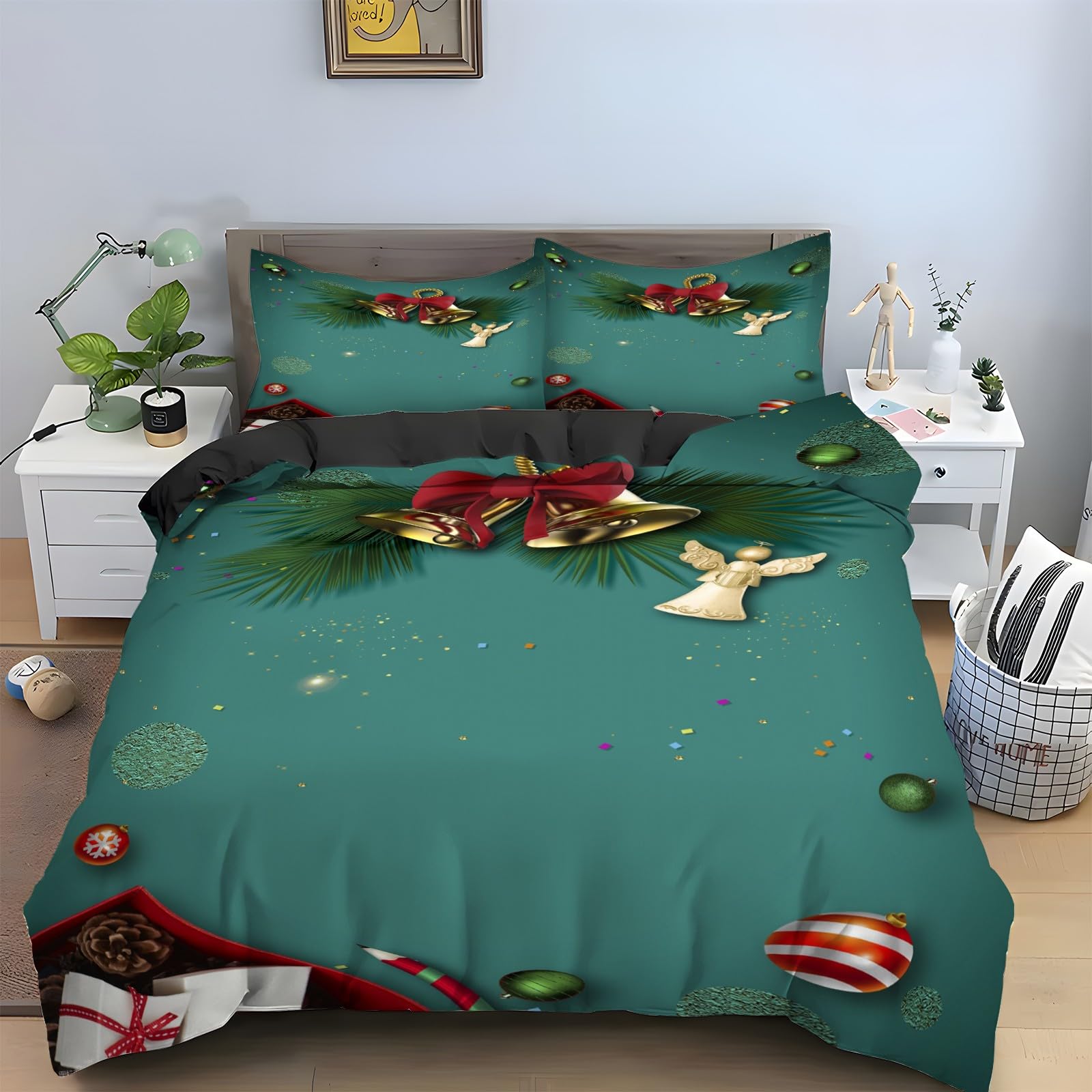 Housse de couette 240x260 cloche de Noël en microfibre avec 2 taies d'oreiller