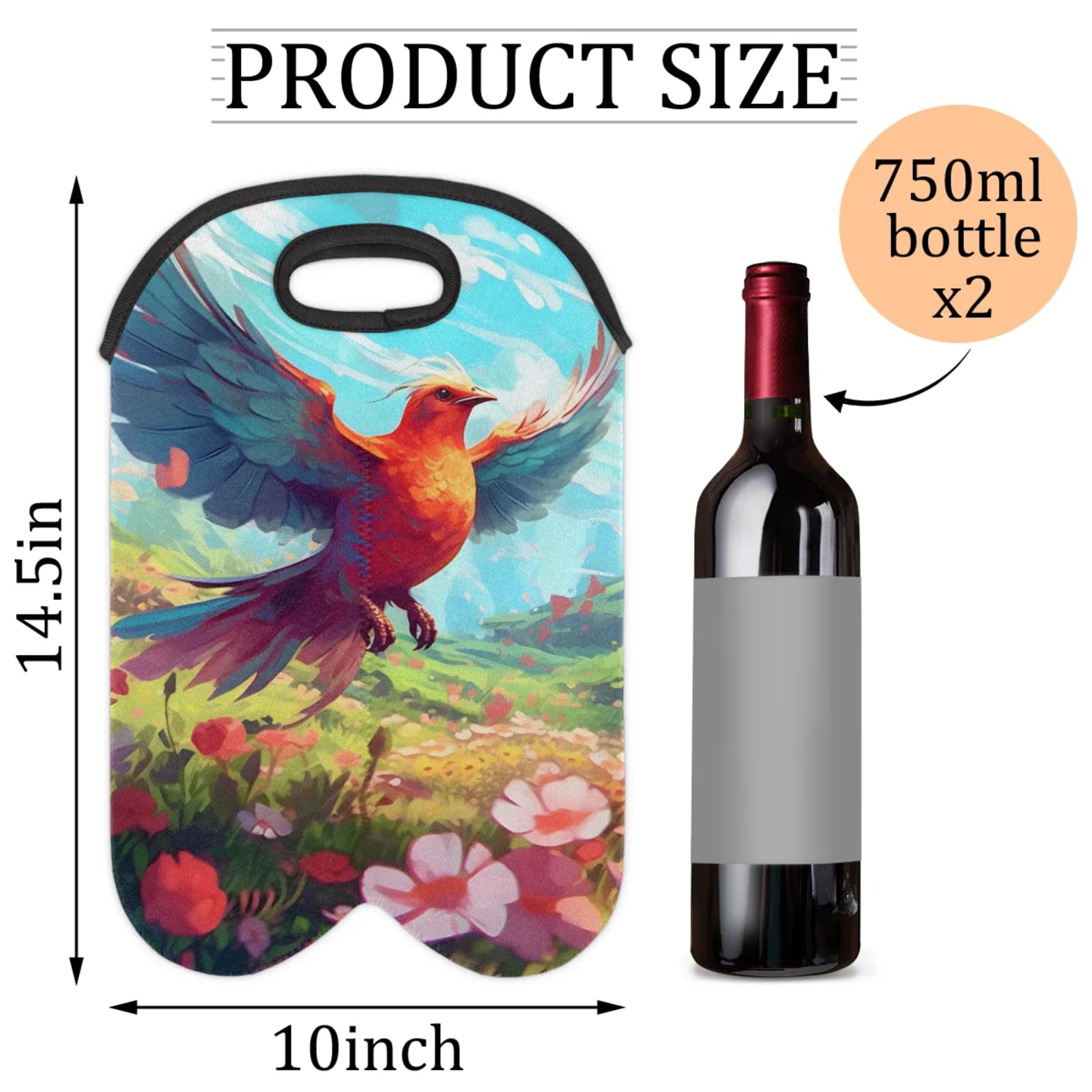 GzLeyigou 2 Bottles Fly Bird Wine Bag Sleeve Totes Neoprene Protective Wine Carrier Bag for Wine,Water, Champagne, Beer, Baby Bottles,Gift 14.5 x 10 Inches