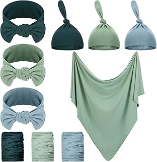 Tudomro 9 Pieces 3 Sets Newborn Swaddle Set with Hat Headband Cotton Baby Swaddle Blanket Newborn Swaddle Wrap Receiving Blanket for Baby Girl Boy, 31.5" x 31.5", Green, Dark Green, Blue