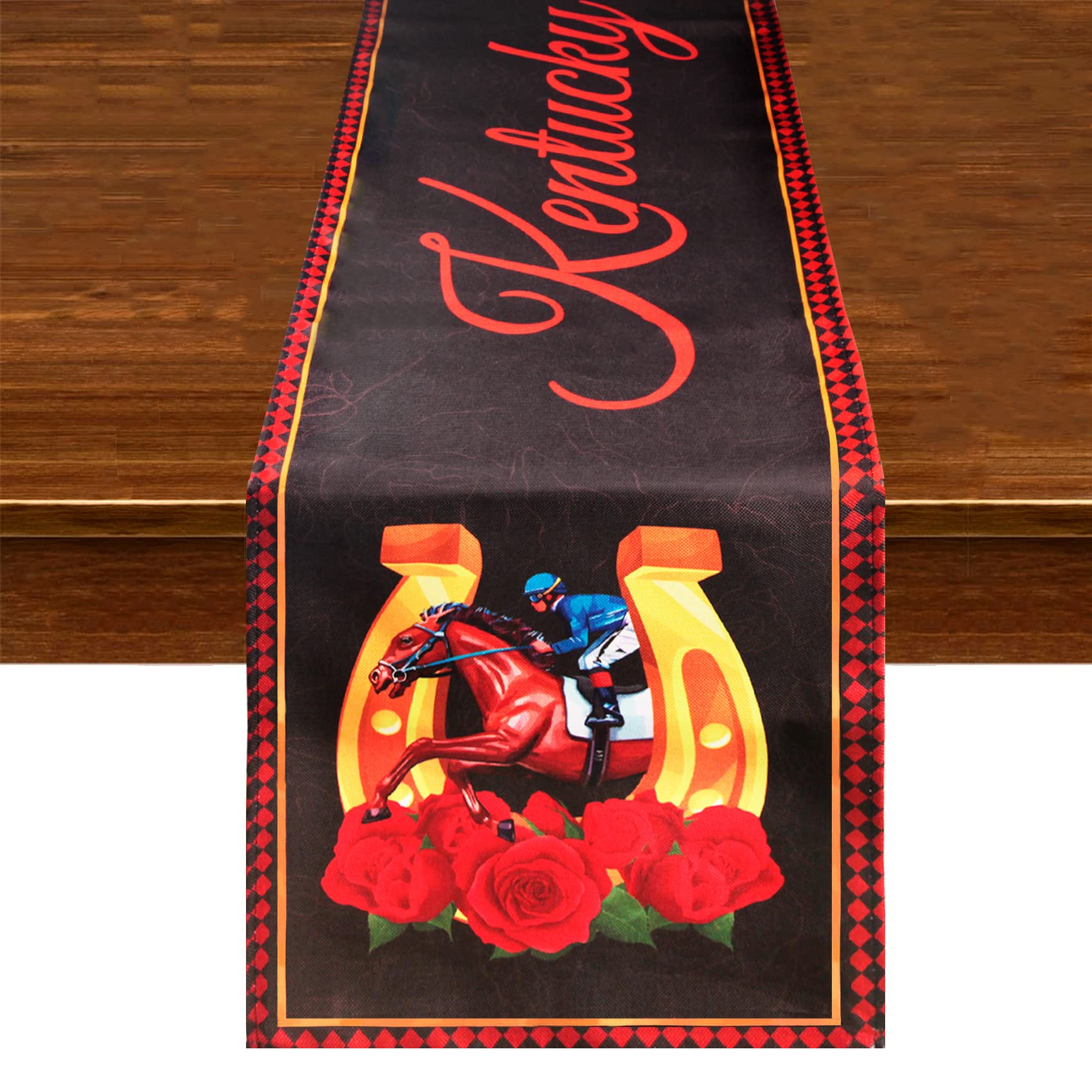 Photo 1 of Kentucky Derby Table Runner Roses Horse Race Decorations Table Cover for Holiday Party Dining Table Party Supplies (13" x 71")