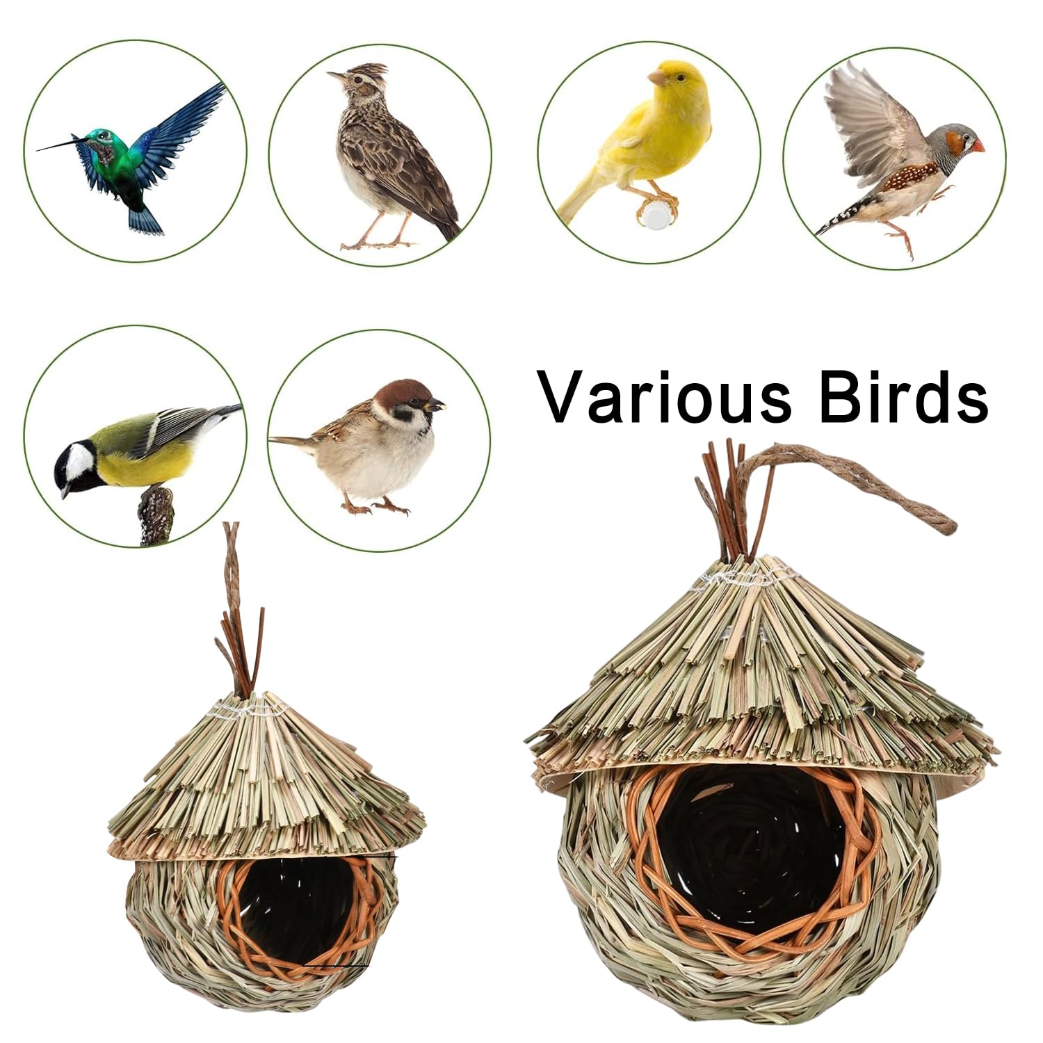 2 Stück Nistkästen, Vogelnest, Handgewebte Vogelhäuser, Vogelhäus zum Aufhängen, Gras Bird Nest für Wellensittich Meise, Hummingbird, Amsel, Kanarienvogel, Rotkehlchen und Zaunkönig