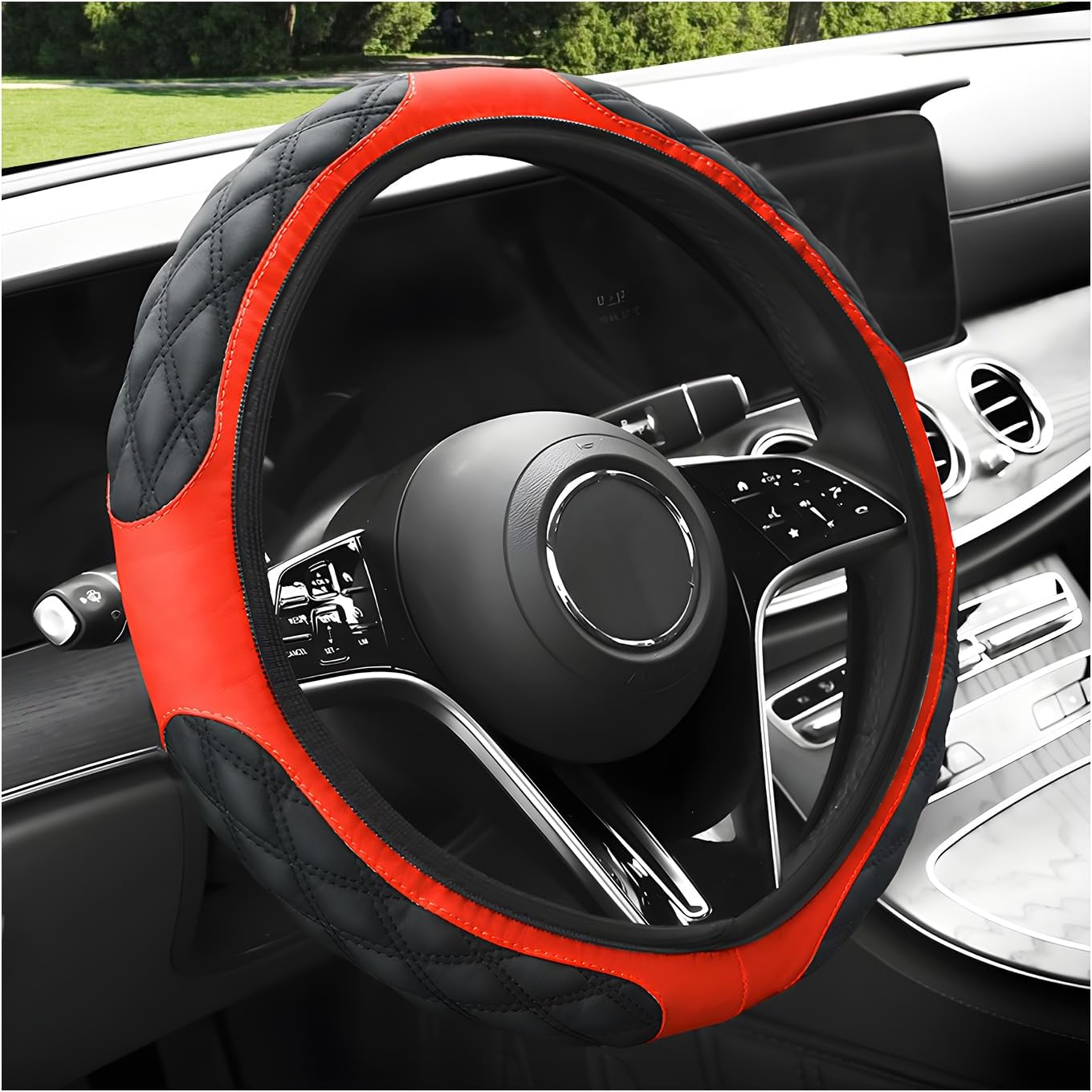 Car Steering Wheel Cover, 15 Inches Non-Slip Leather Car Steering Wheel Protector, Universal Steering Wheel Soft Cover Mats for Car Truck SUV, Interior Car Accessories (Black & Red)