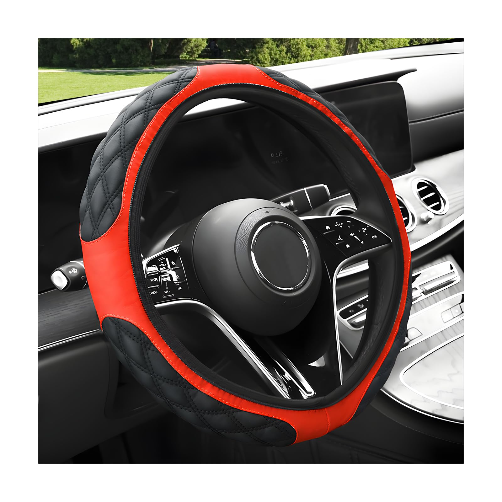 Car Steering Wheel Cover, 15 Inches Non-Slip Leather Car Steering Wheel Protector, Universal Steering Wheel Soft Cover Mats for Car Truck SUV, Interior Car Accessories (Black & Red)