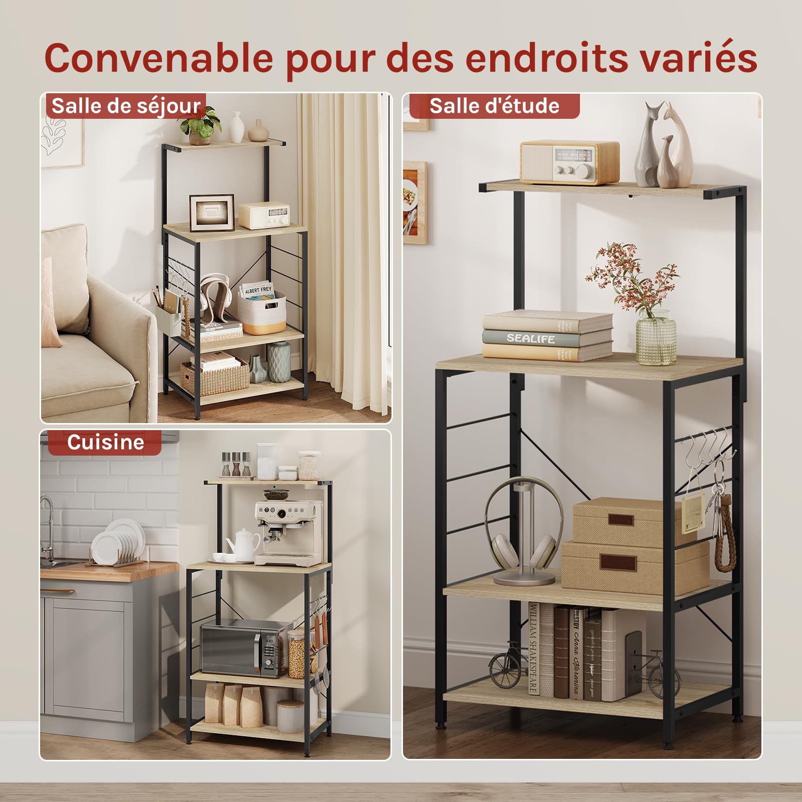 WOLTU Étagère Micro Onde, Meuble Cuisine Rangement, à 4 Niveaux, 4 Crochets, 60x40x123cm Noir + Chêne Clair
