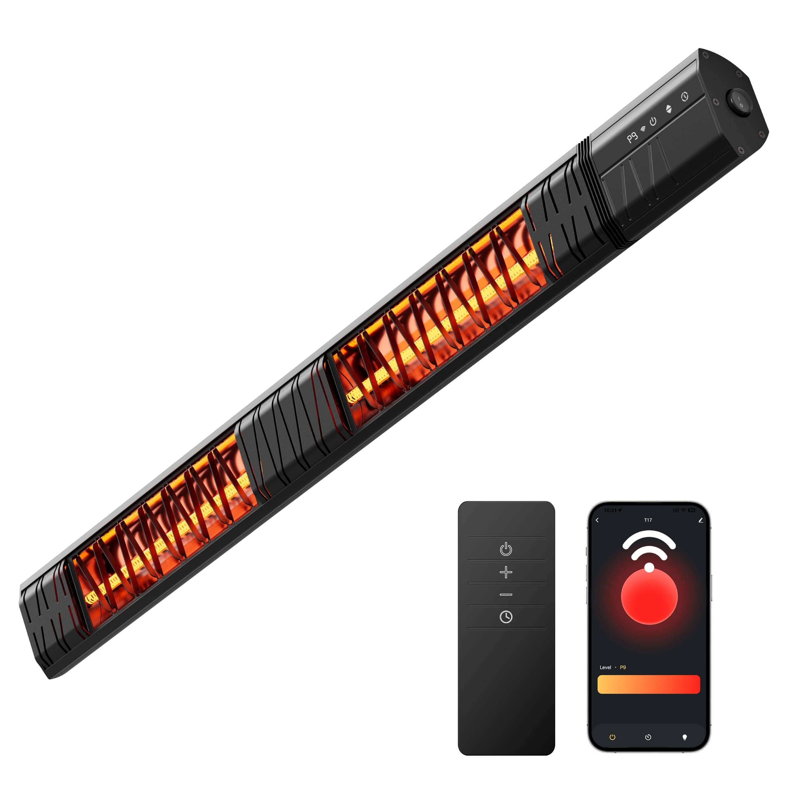 Calentador de patio de 3000 W montado en la pared, calentador eléctrico por infrarrojos con control WiFi/remoto, resistente al agua IP65, 9 niveles de calor, temporizadores 24H, 1 s calentador de tubo