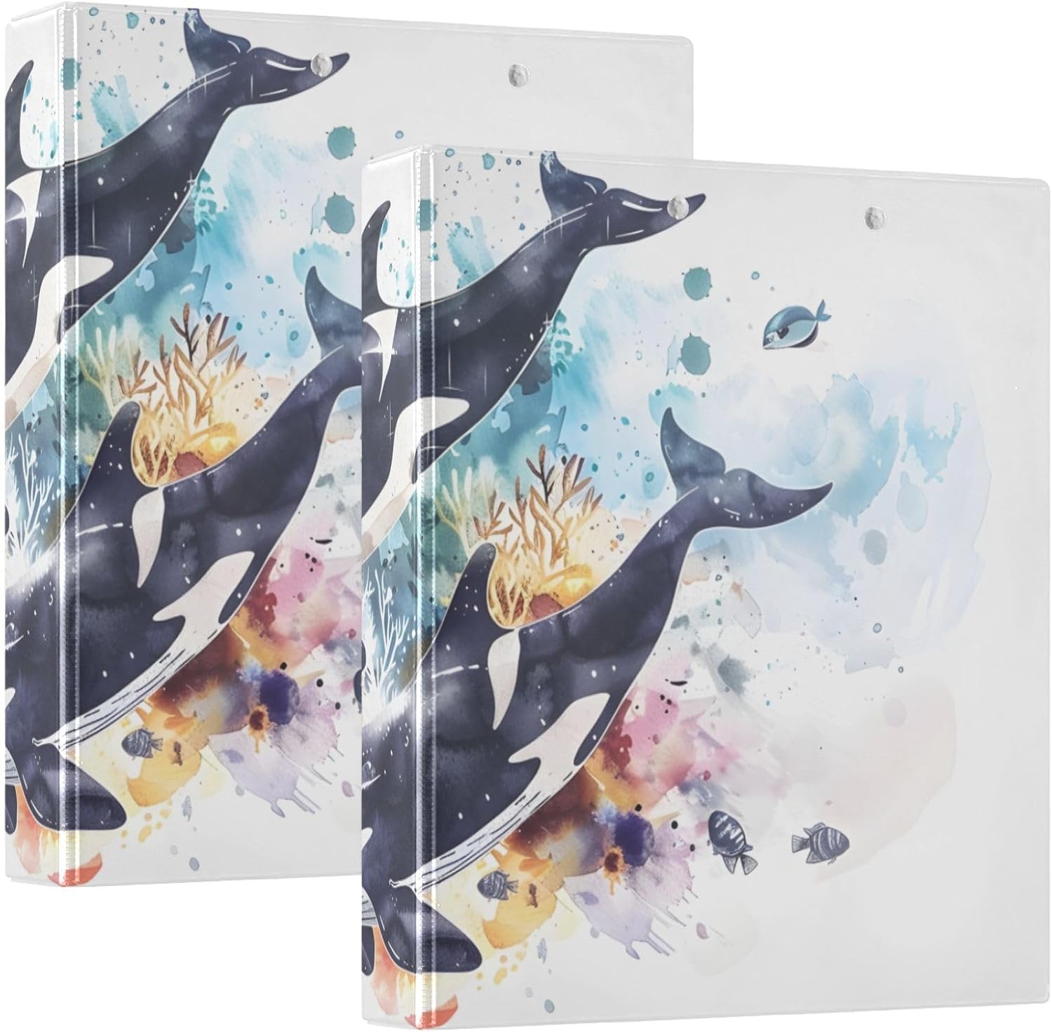 3 Ring Binder Watercolor Killer Whales Fish 1.5 inch Binders Three Ring Binders with Clipboard Fit 8.5'' x 11'' Paper 3 Interior PVC Clear Pockets for Office Supplies