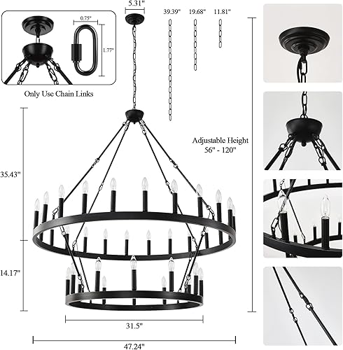 Miniatura 6 de Candelabro de 2 niveles con ruedas grandes de carro, 36 luces de 48 pulgadas, lámpara colgante rústica redonda para comedor, cocina, isla de