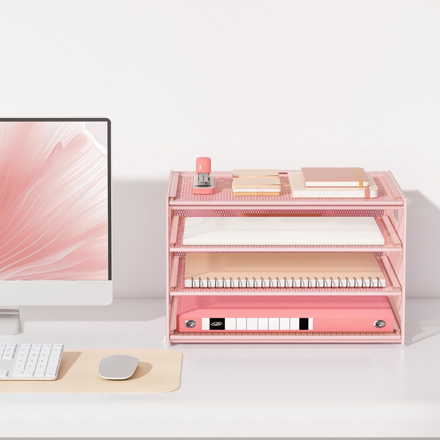 Lavatino 3-Tier Letter Tray Desk Organizer, Mesh Metal Paper File Tray Organizer for Desk, Office Supplies & Home Organization, Fits A4 Paper, Mail, Magazines & Office Accessories (Pink with Handle) - Image 4