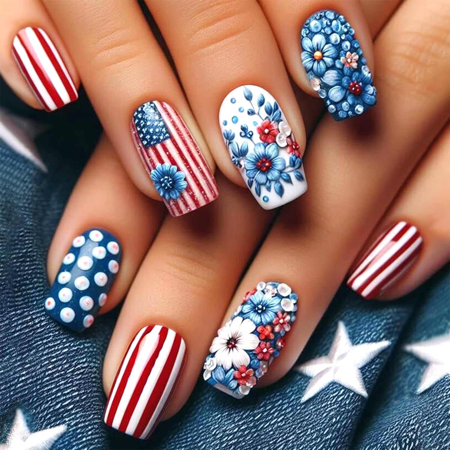 4th of July Medium Press on Nails Acrylic Independence Day False Nails Blue Flower Glue on Nail with Stripes Decoration Artificial Fake Nail Reusable
