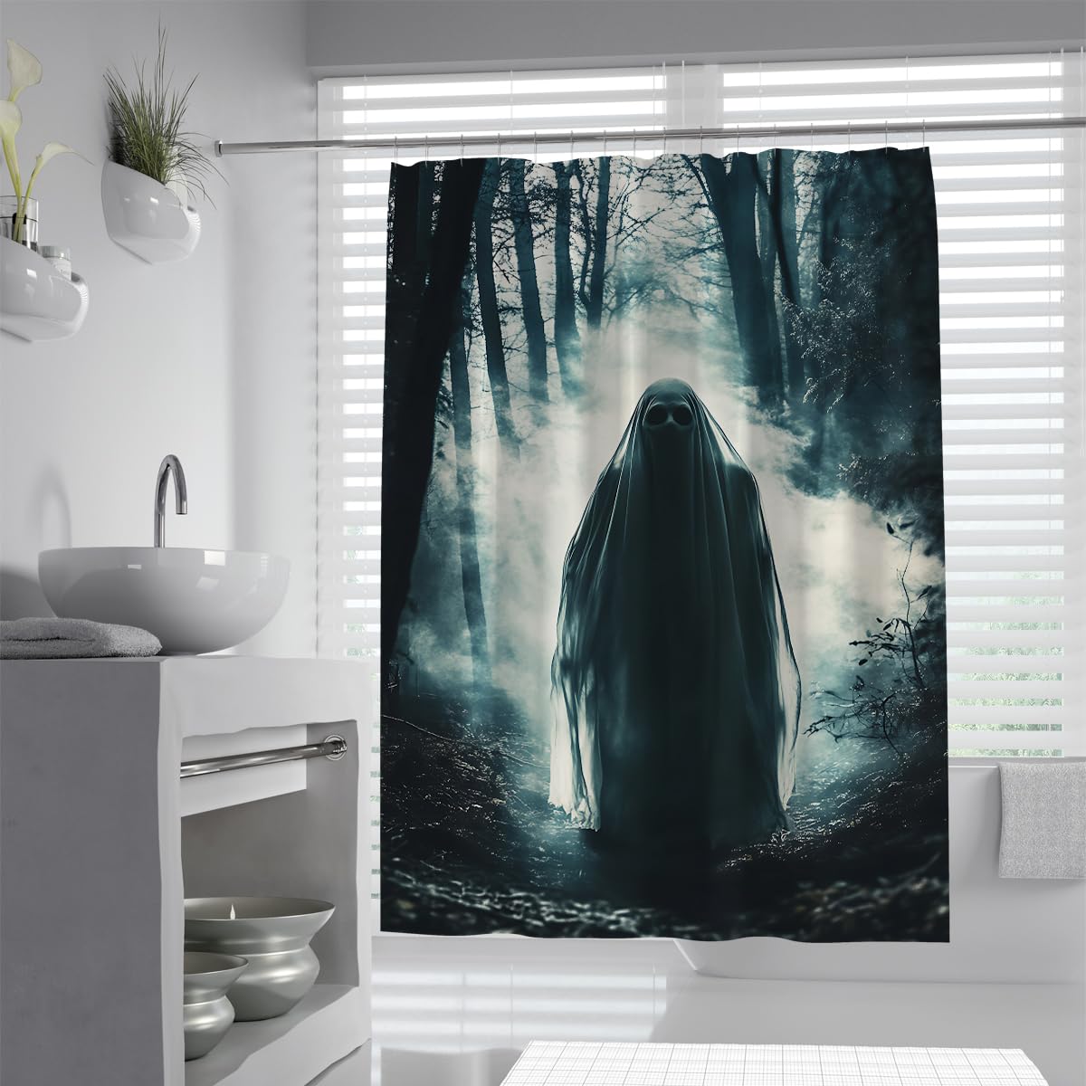 UIRINGART Halloween Misty Woods Shower Curtain W100xL200cm Spooky White Cloak Phantom Anti Mould Mildew Resistant Waterproof Fabric Bathroom Curtain with Hooks