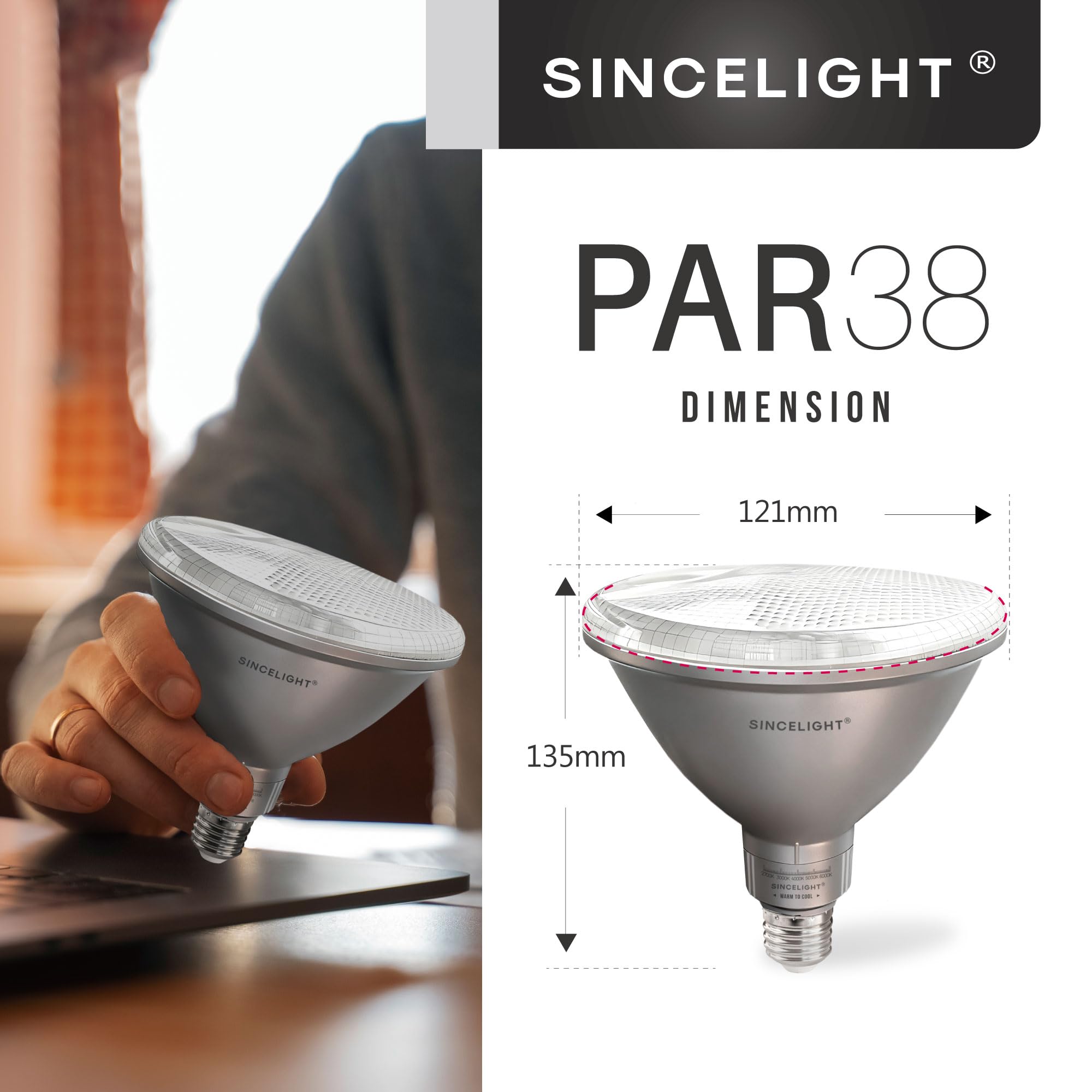 SINCELIGHT PAR38 Lampadina a LED con Attacco E27, 15W (180W Equivalenti), da Bianco Caldo a Bianco Freddo Orientabile (2700K-6000K), CRI 95, 1800lm, Impermeabile IP65, Confezione da 4