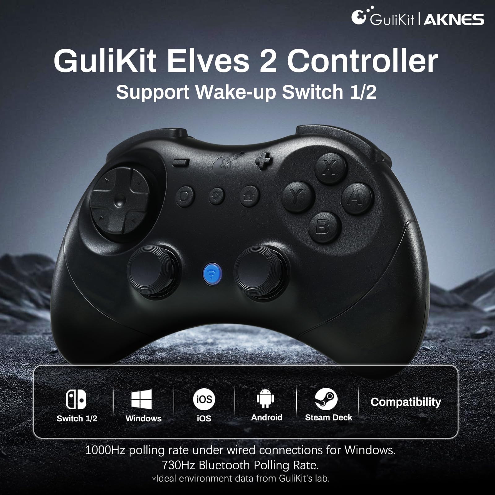 GuliKit Elves 2 Mando Inalámbrico para Switch/Switch 2/Windows PC/Android/iOS, Joysticks de Efecto Hall, 1000Hz Cableado, 730Hz Bluetooth, Wake-Up Switch1/2, Vibración Dual, Giroscopio, Turbo - Negro