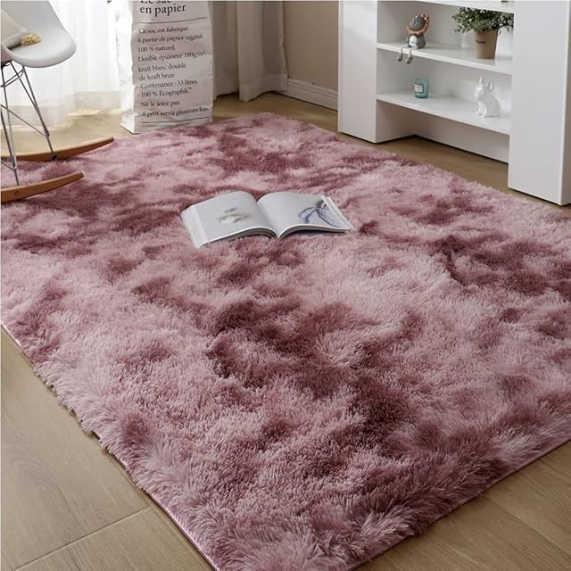 CULKET Area Rugs Soft Fluffy Living Room Carpets Non-Slip Bedroom Rug Shaggy Floor MatsTie-dye Rugs for Modern Indoor Home Floor Carpets Pink Purple 2x4ft(60x120CM)