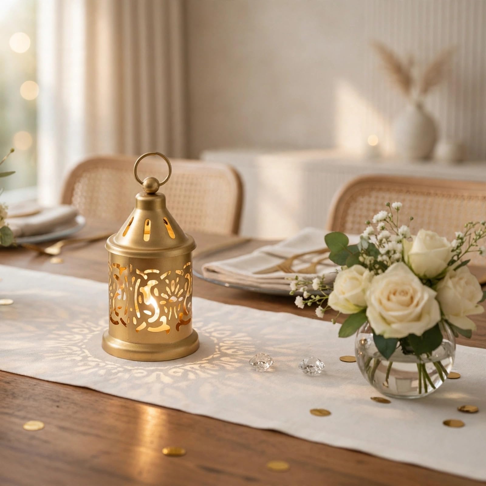 Vintage Metal Lantern Set - Golden Candle Holders -8