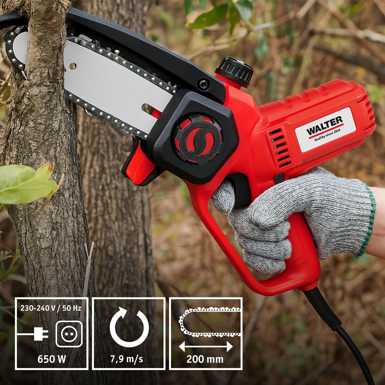 WALTER Kompakte Mini Kettensäge Elektro 650W, 20 cm Schwert, Astsäge