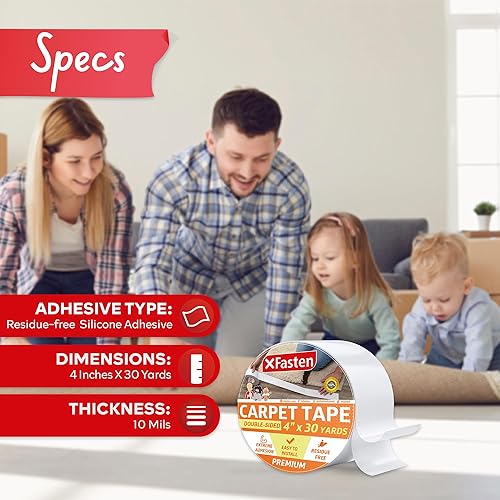 Miniatura 3 de XFasten - Cinta adhesiva de doble cara para alfombras, para suelos laminados y de duela, sin residuos, 4 pulgadas x 30 yardas