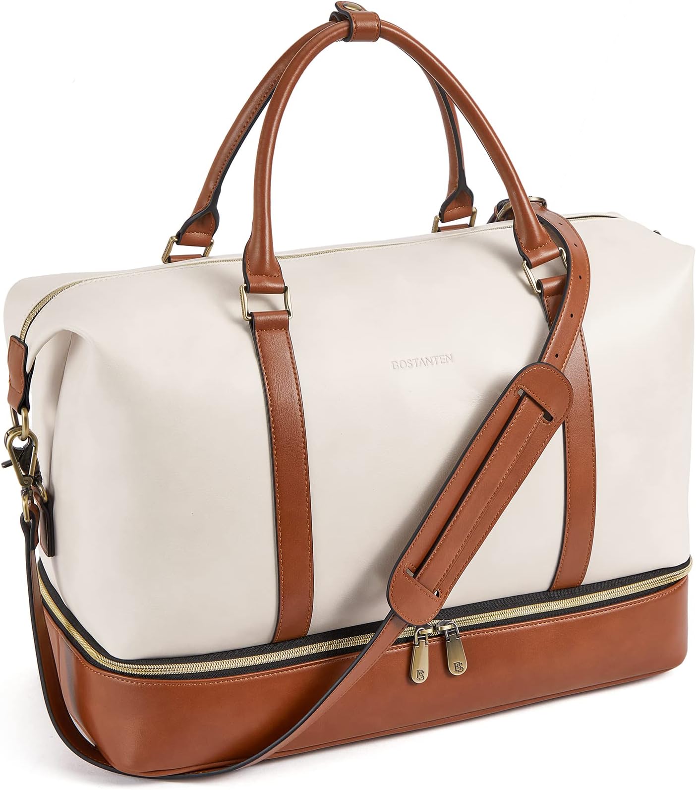 Weekender Bags for Women Leather Travel Duffle Bag Carry On Overnight Duffel with Shoe Compartment, Beige&Brown