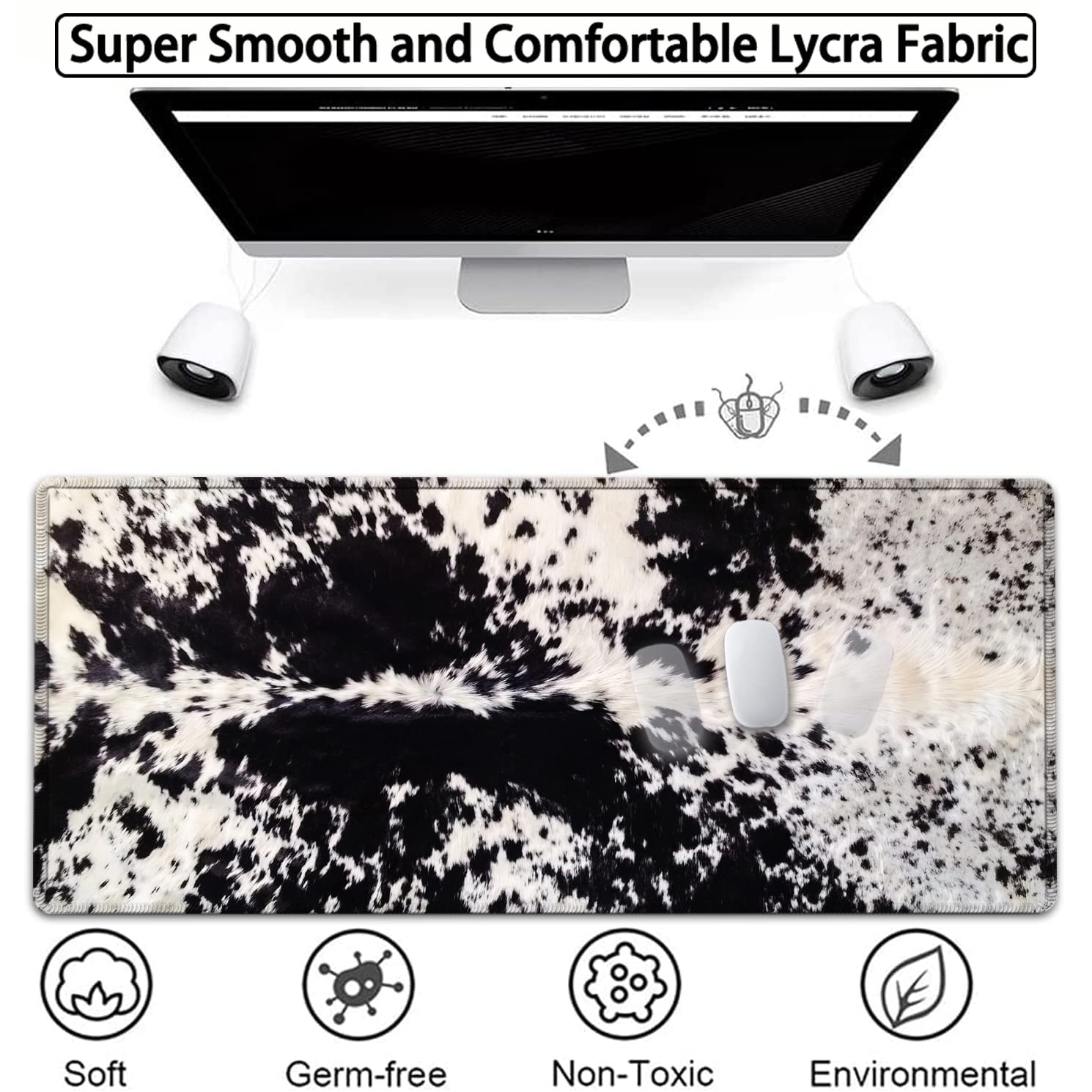 Large Gaming Mouse Pad, 31.5x11.8 in Extended Computer Mouse Mat with Non-Slip PU Base, Ergonomic Memory Foam Keyboard Wrist Rest, for Work & Gaming, Office Desk Pad Black White Cowhide Fur