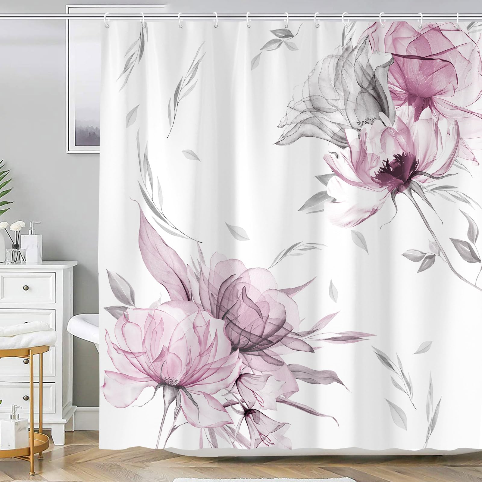 Emwnodti Floral Shower Curtain Pink and Grey Flowers Bathroom Curtain Sets, Rustic Farmhouse Boho Watercolor Floral Leaf Shower Curtains Bathroom