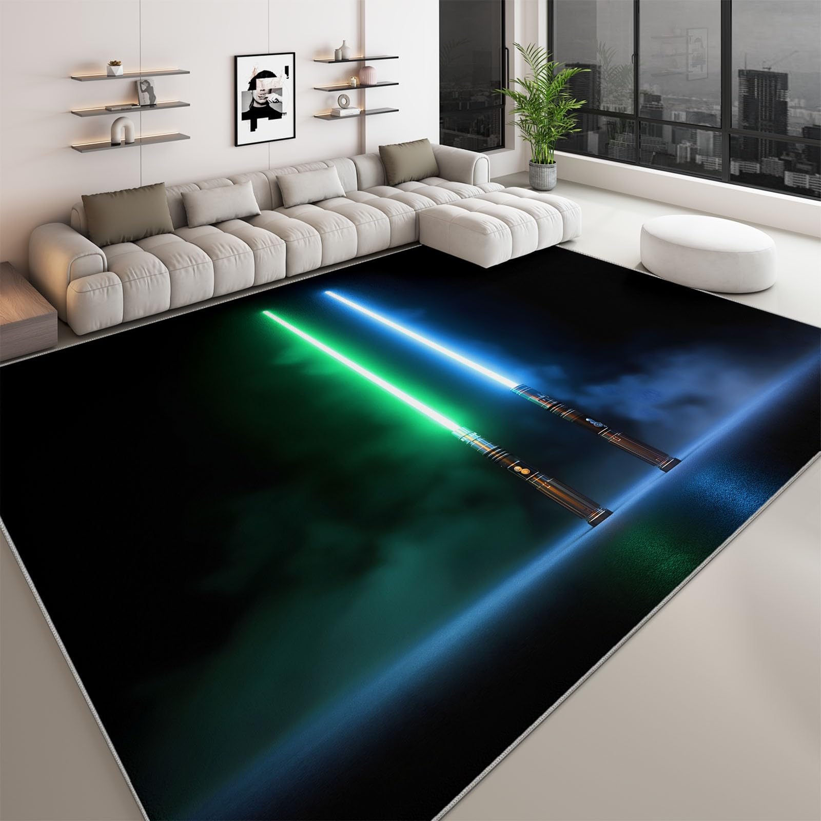 Gaming Teppich für Jungenzimmer 120x170cm Minimalismus Fantasie Lichtschwert, Rutschfester Waschbarer Kurzflor Schwarz Teppich für Gaming Setup Spielzimmer, Weiches Flanell Dekor für Kinder Teenager