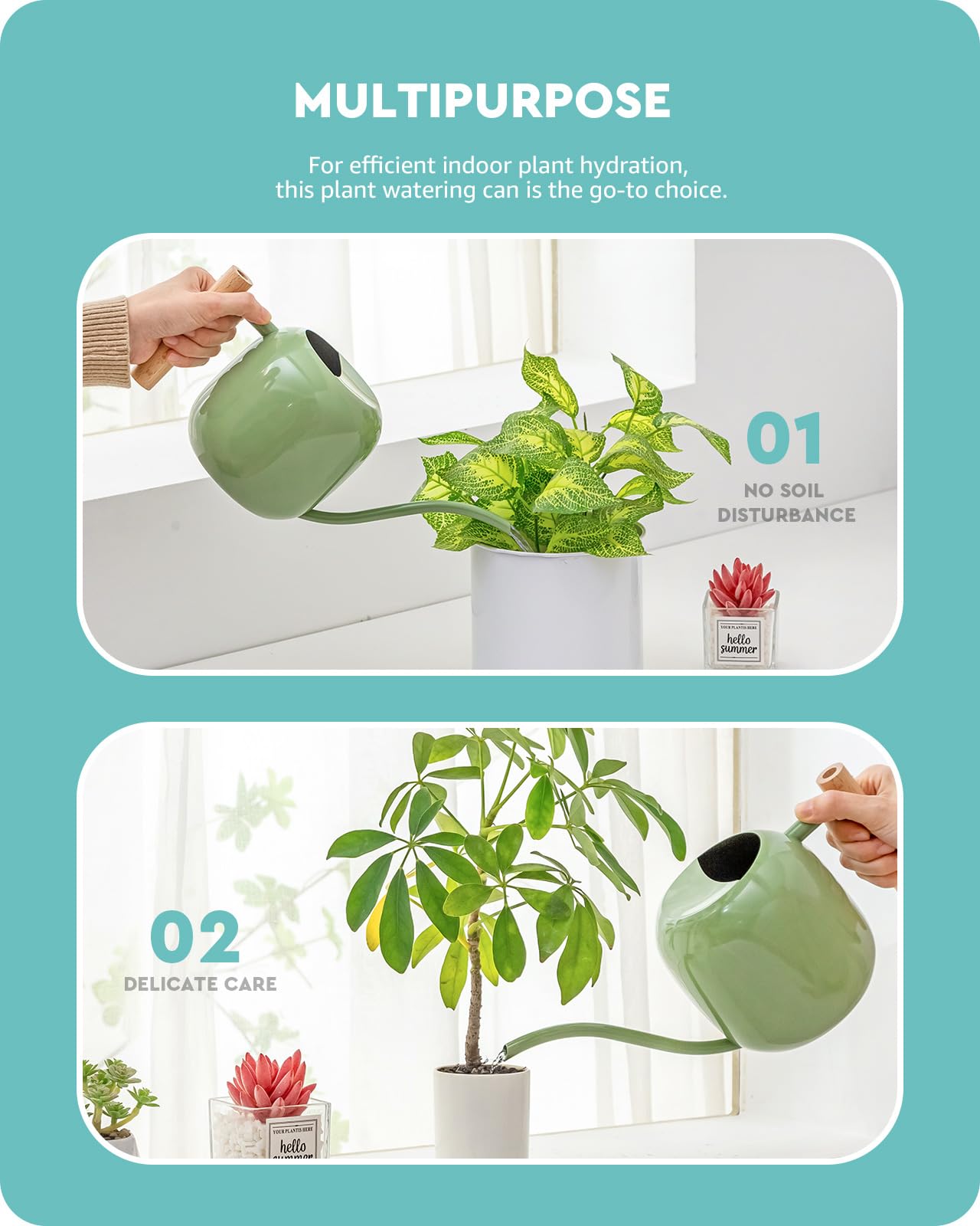 Baffect Arrosoir d'intérieur pour plantes d'intérieur et bonsaï (1,2 L, vert sauge) | Petit pot d'arrosage en métal pour plantes d'intérieur avec long bec et poignée en bois, 1 162,3 g