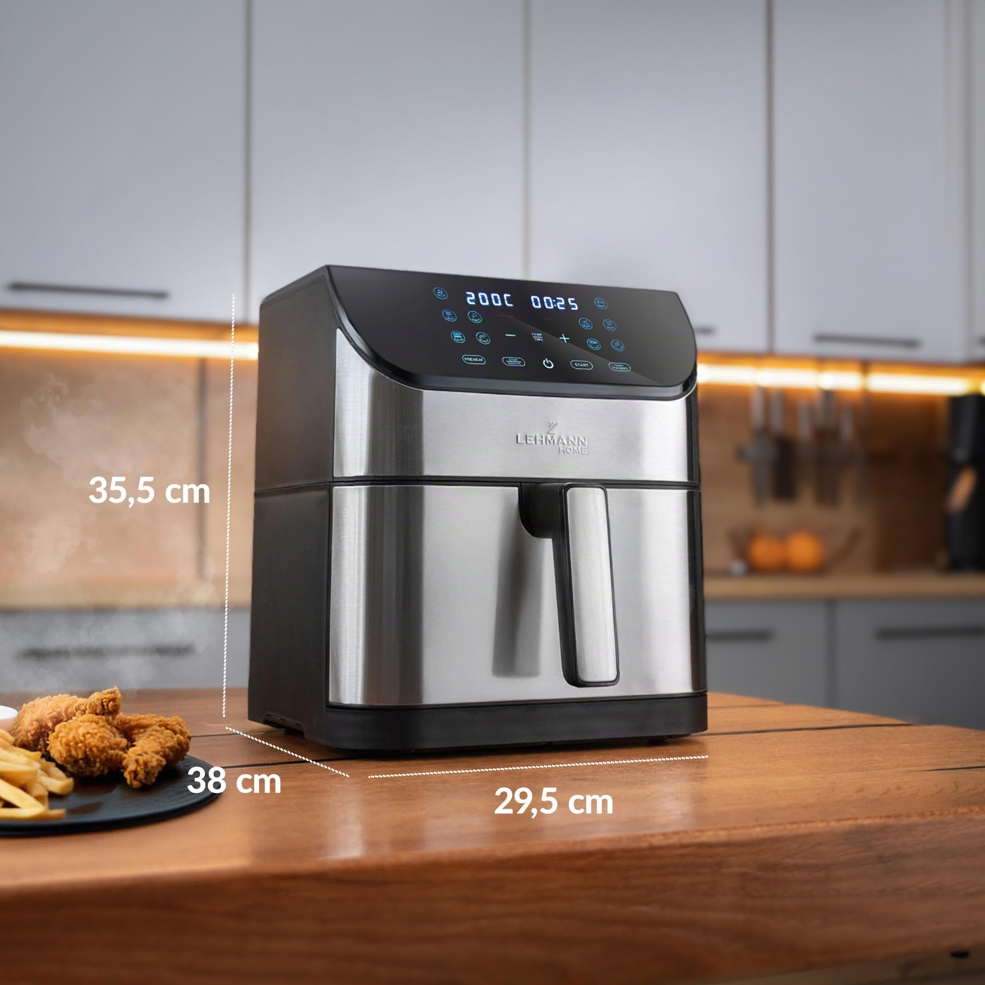 LEHMANN Air Fryer XXL 8L avec Compartiment Flexible Dual Zone, 12 programmes, Réglage de la Température 76-200 °C, Écran Tactile LED, Revêtement Antiadhésif, 90% de Matières Grasses en Moins