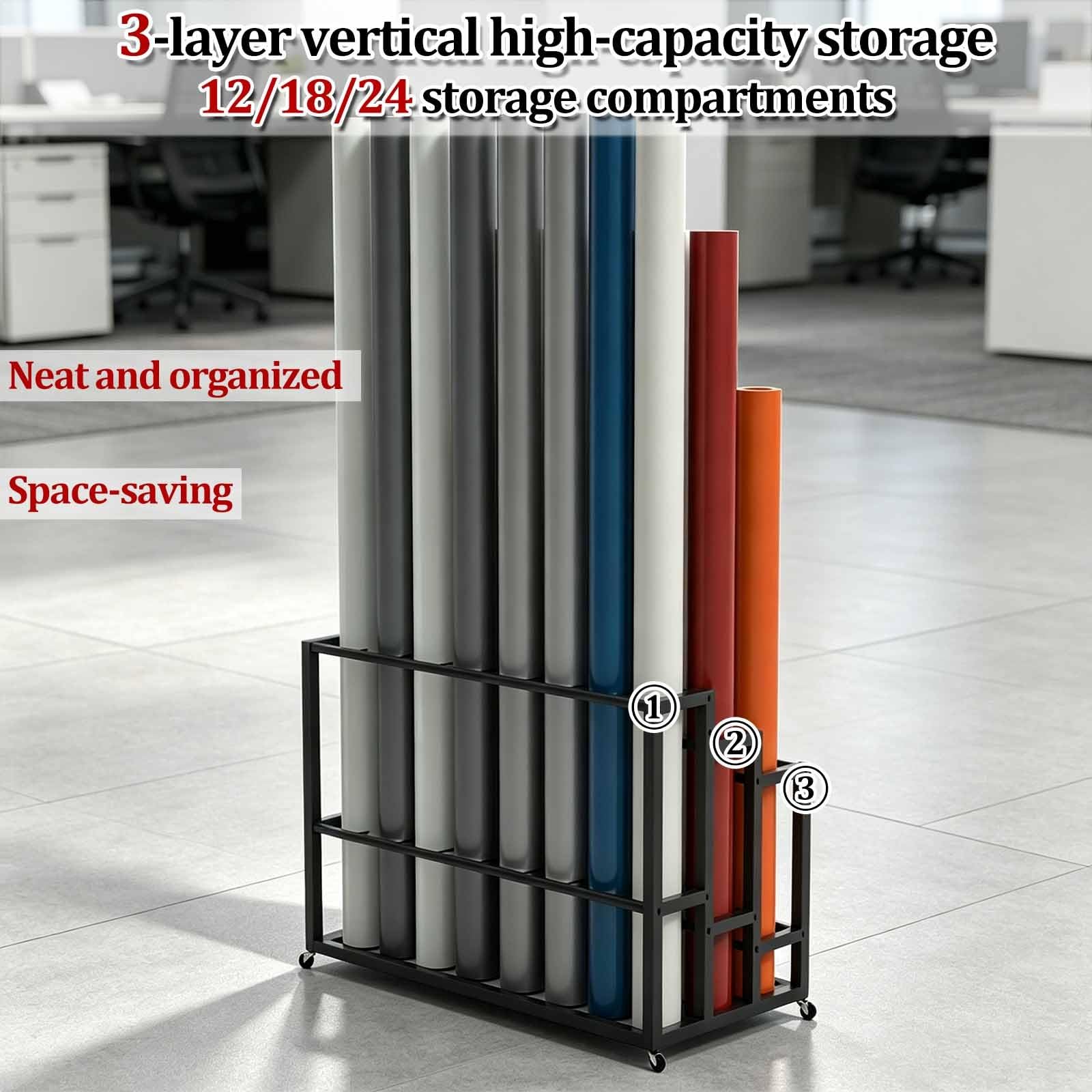 Porta-progetti a 3 livelli con ruote, espositore verticale per poster