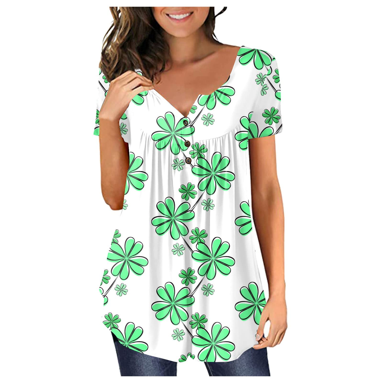 Women's Hide Belly V Neck Tops Button Down St. Patrick's Day Print T Shirt Temperament Short Sleeve Blouses
