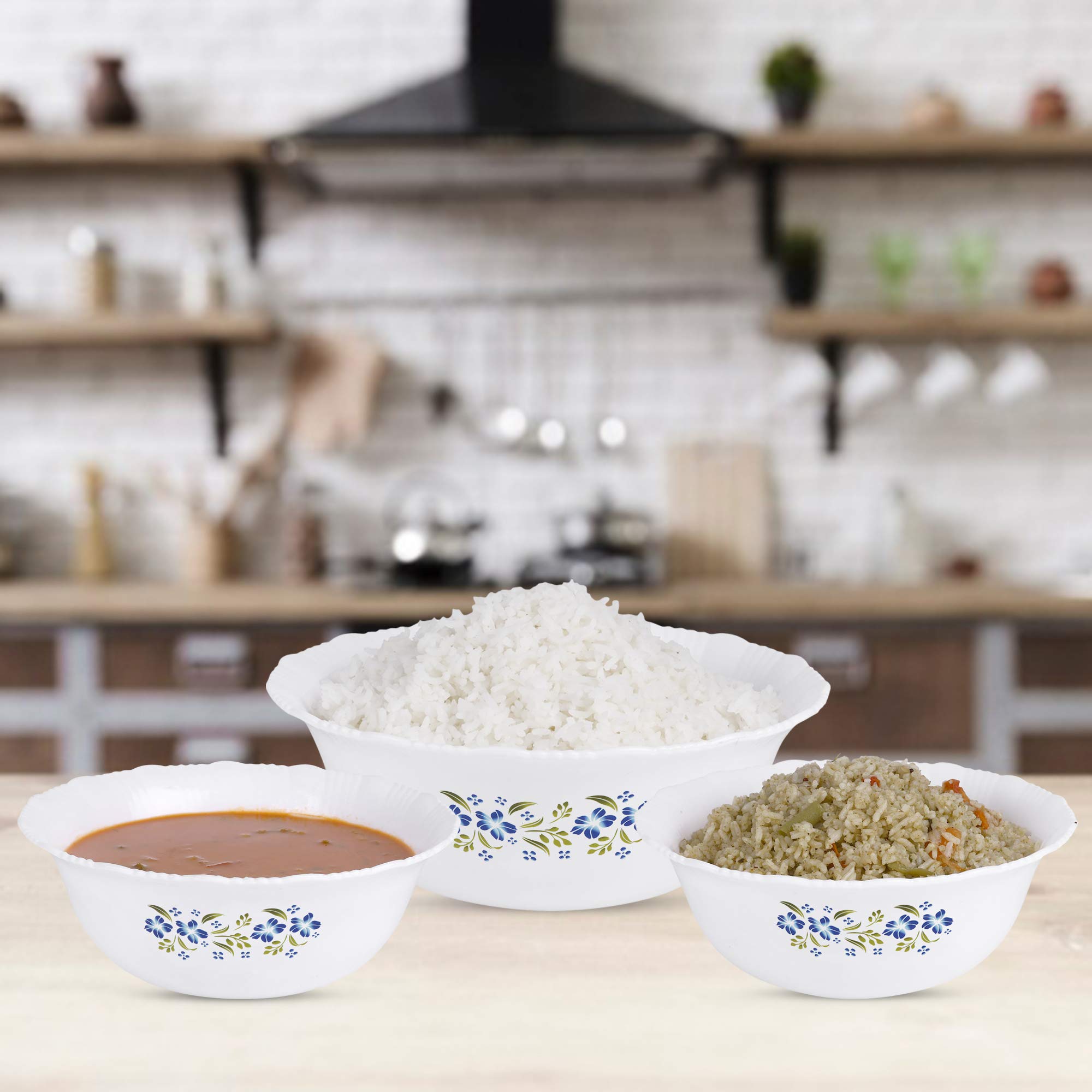 Round Serving Dish with Floral Printed Design for Families, Microwave-Safe, Unbreakable, Chip-Resistant, Dishwasher-Safe, Freezer-Safe, Set of 3 (Blue Rose)