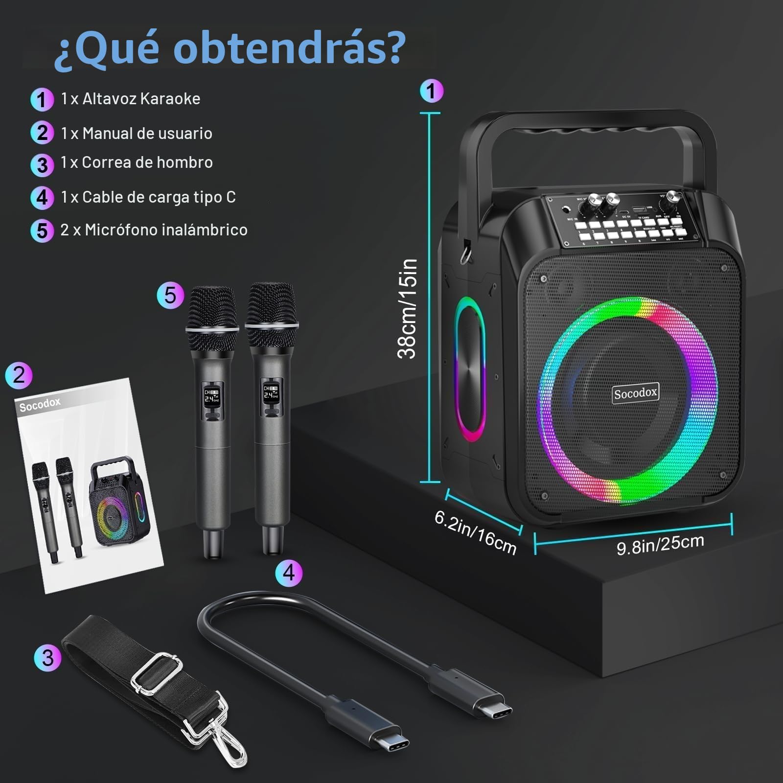 Máquina Karaoke,Altavoz Bluetooth Portátil con 2 Micrófonos Inalámbricos,Batería de 6000 mAh,Playtime 8H,Estéreo TWS,Luces RGB, Sistema Pa Dual Bass Boost para Adultos,Niños,Fiestas,Canto,DJ