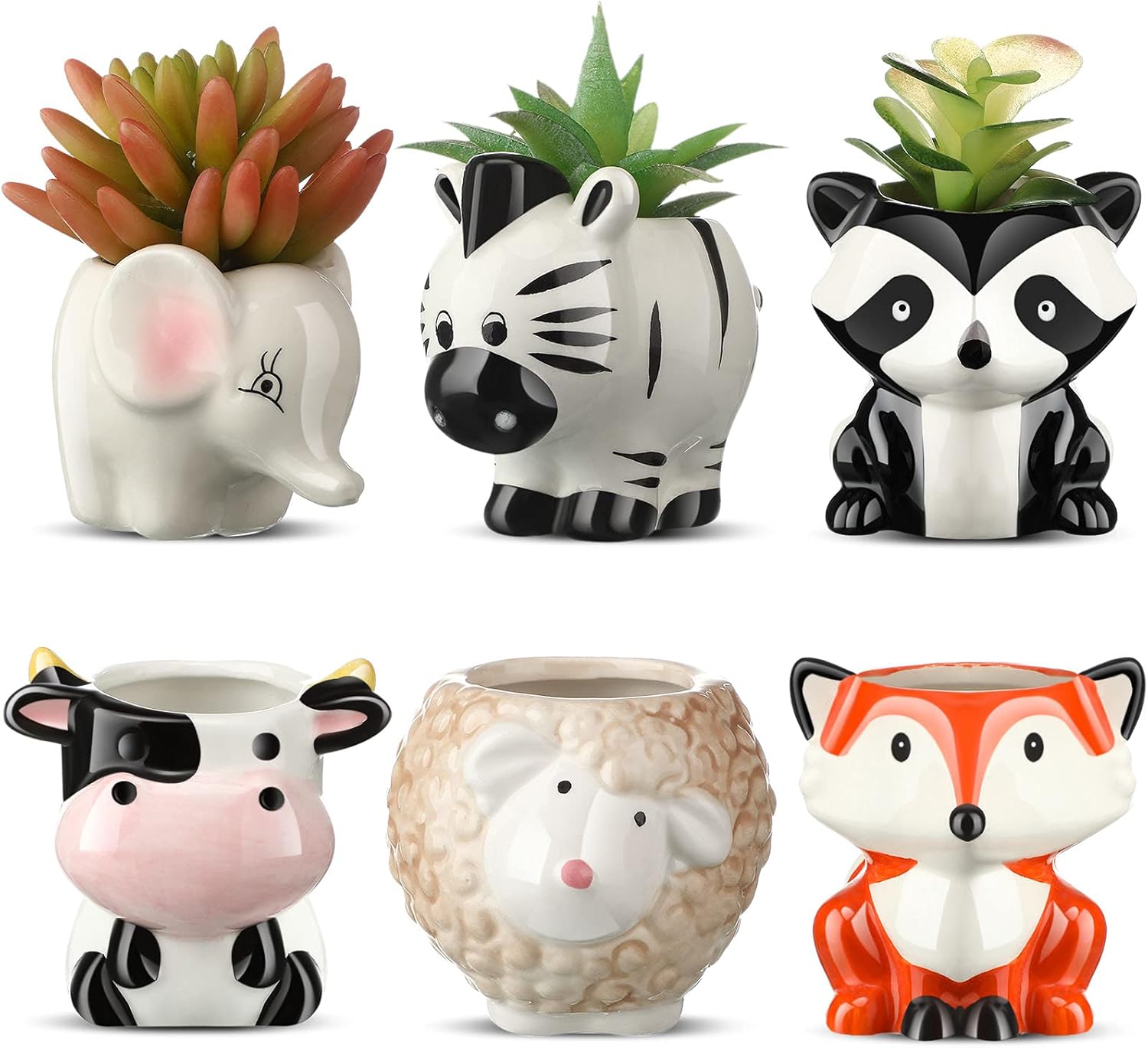 Patelai 6 Pieces Cute Animal Succulent Planter Pot with Drainage Hole, Cartoon Cow Elephant Ceramic Flower Plant Pot Tiny Flower Planter Cactus Container Indoor Outdoor Office Home Decor