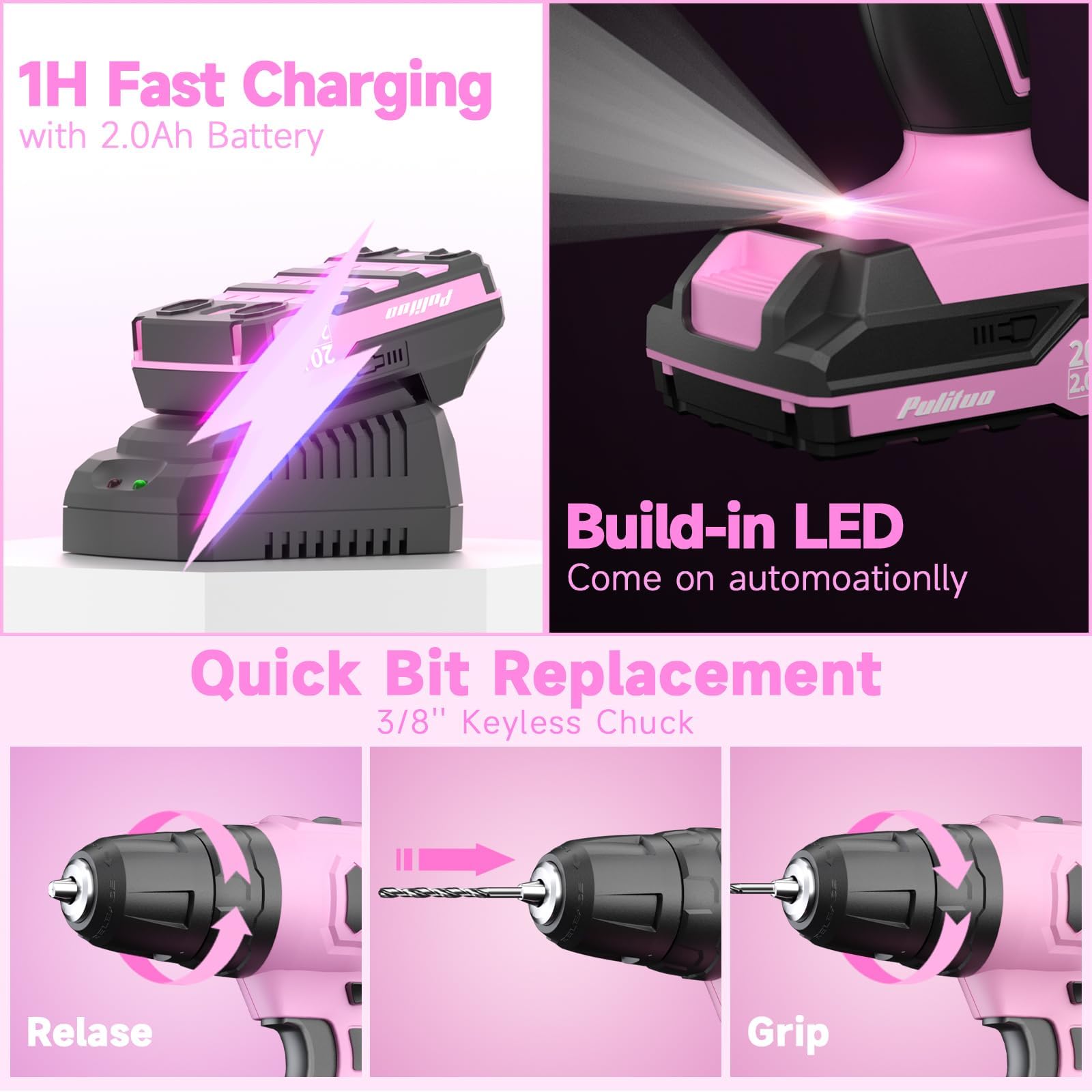 PULITUO 20V Set de Taladro Atornillador Batería Rosa, Kit de Taladro con Batería y Cargador, Regulación 2 Velocidades, Portabrocas 3/8", 21+1 Niveles de Par, LED, Set Eléctrico