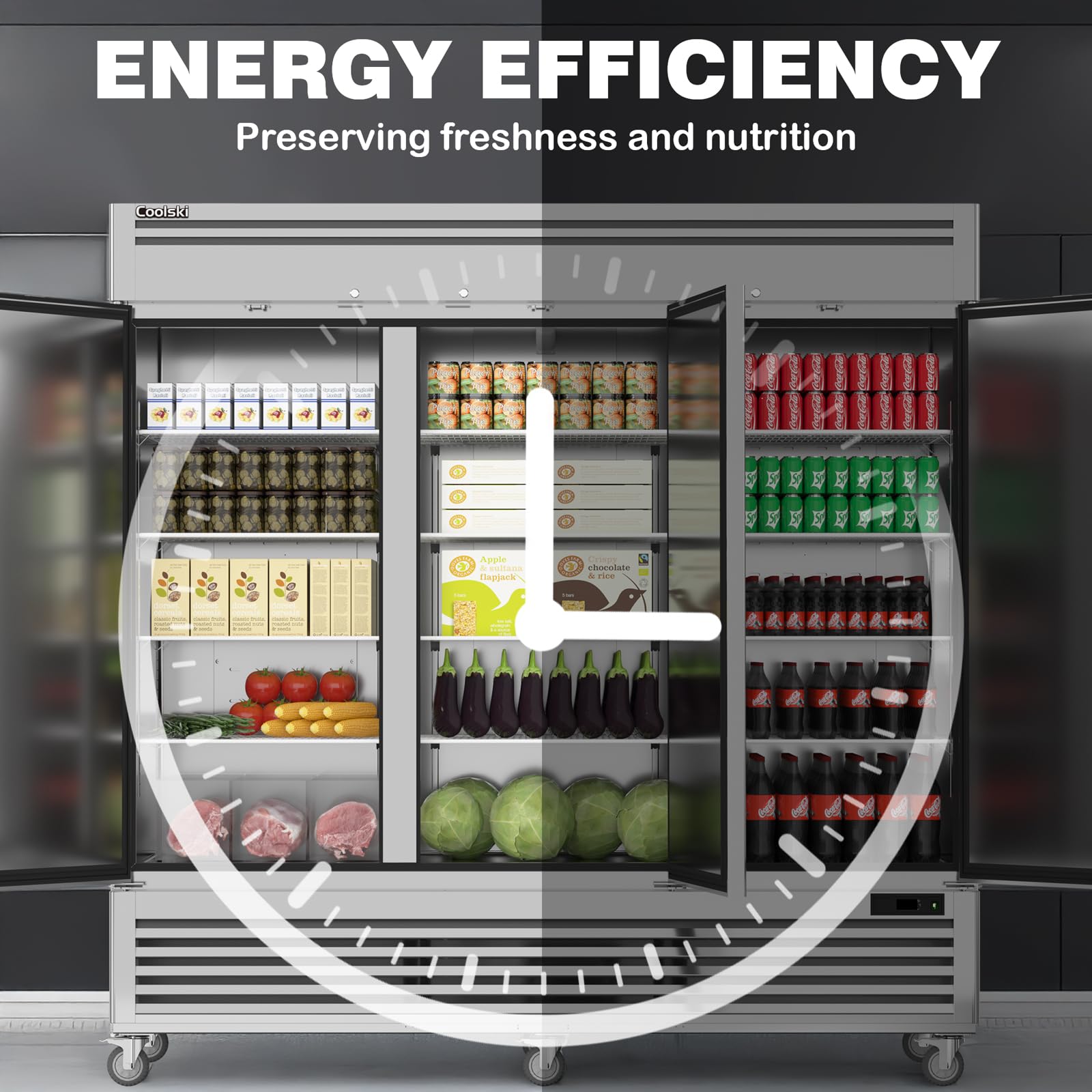 Coolski Commercial Freezer 82" W, 72 Cu.ft Stainless Steel Reach In Upright Freezer 3 Door, Auto-Defrost, 12 Adjustable Shelves, -13 to -5℉ Temp Control, LED Light, 5 Wheels on Fridge.com